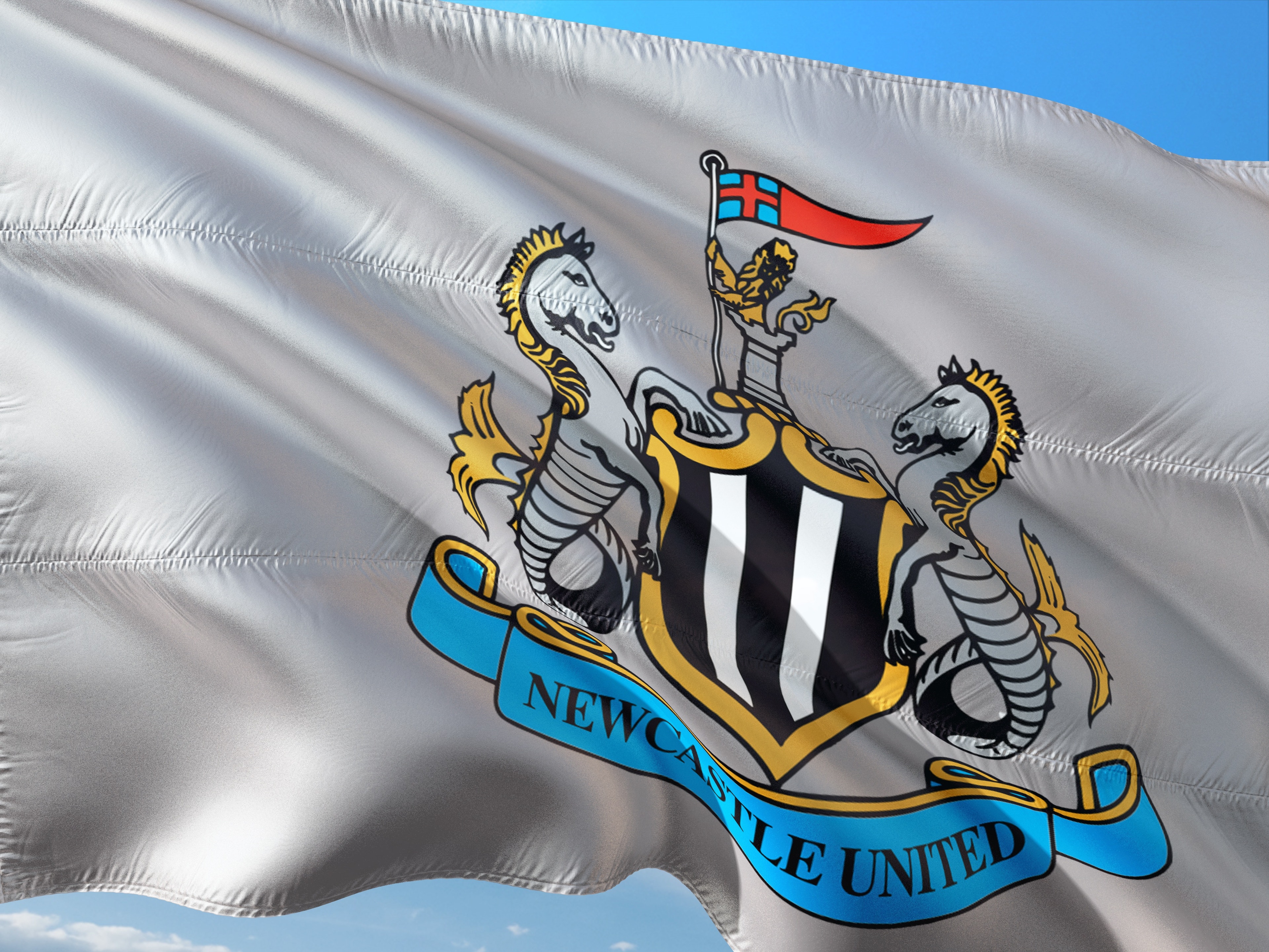 Newcastle United flagga med klubbens emblem. Image by jorono from Pixabay