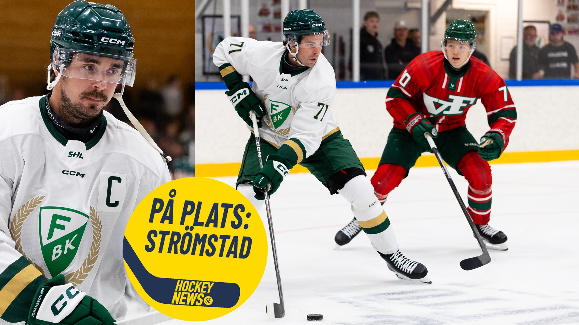 Collage från ishockeymatch med tre spelare i olika lag på isen, samt logotyp för Hockey News reportage från Strömstad.