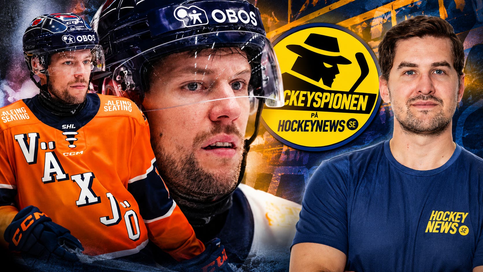 Två hockeyspelare i orange Växjö-tröjor och hjälmar i närbild, bredvid en man i mörkblå Hockeynews-tröja och logotypen för Hockeyspionen på Hockeynews.