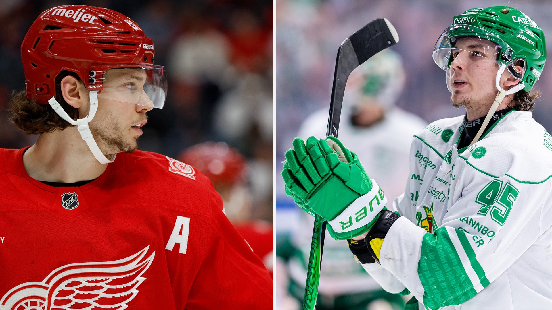 Två ishockeyspelare i NHL-utrustning. Till vänster en spelare i röd tröja med Detroit Red Wings-logga, till höger en spelare i vit tröja med gröna detaljer.
