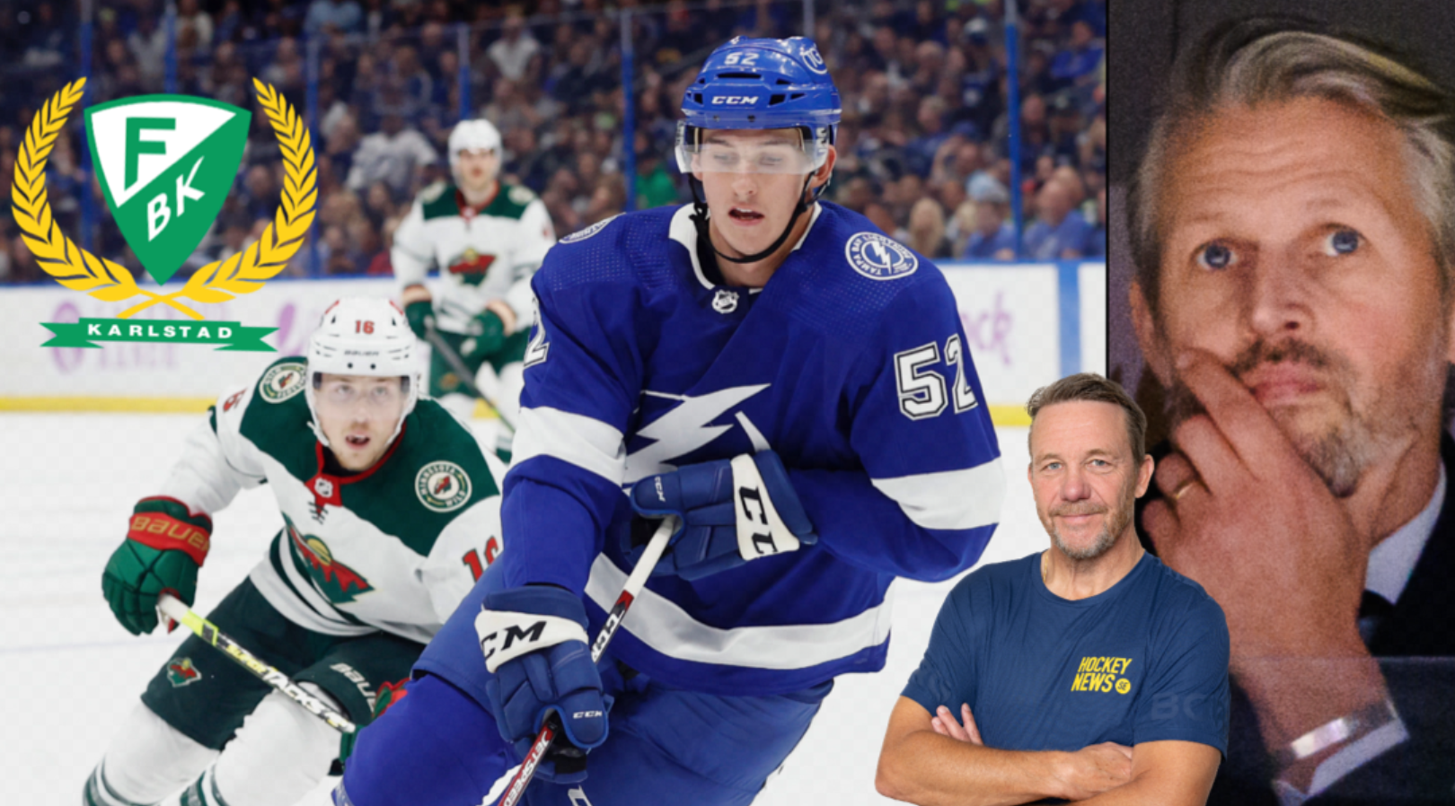 Collage med hockeymotiv innehållande en spelare i blå tröja från Tampa Bay Lightning, en spelare i grön tröja, Färjestads BK logga med guldkransar, en man i mörk t-shirt och en porträttbild av en man.