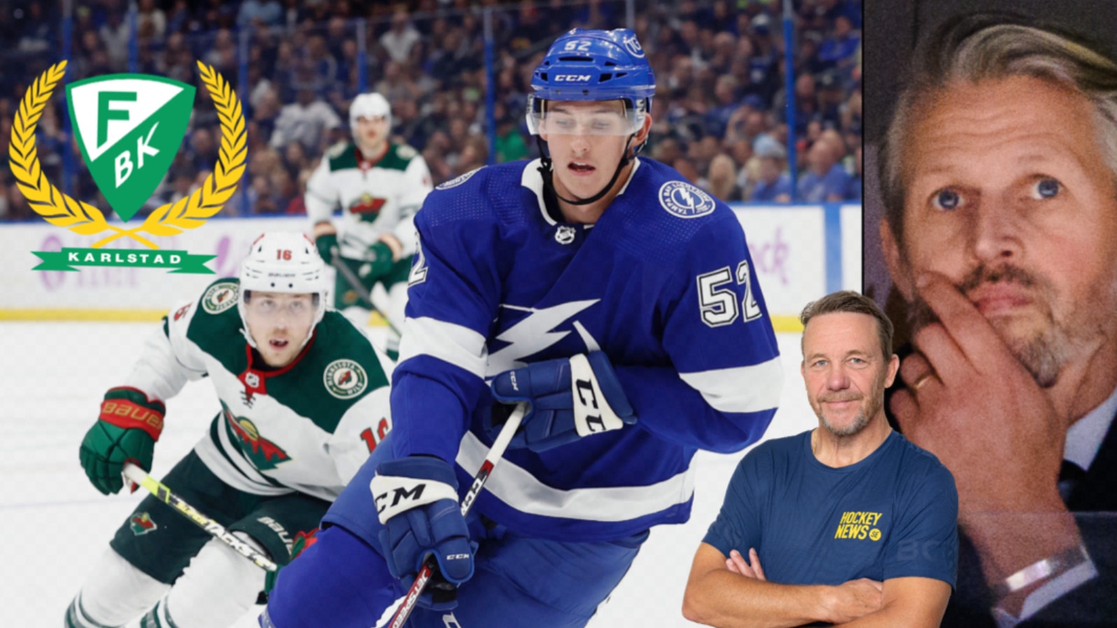 Collage med hockeymotiv innehållande en spelare i blå tröja från Tampa Bay Lightning, en spelare i grön tröja, Färjestads BK logga med guldkransar, en man i mörk t-shirt och en porträttbild av en man.