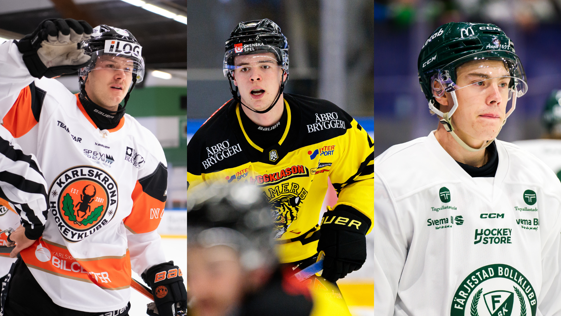 Collage med tre ishockeyspelare i olika lag. Från vänster ses en spelare i vit och orange tröja, i mitten en spelare i gul och svart tröja, och till höger en spelare i vit tröja med grönt emblem. Alla tre är fotograferade under match med hockeyutrustning.