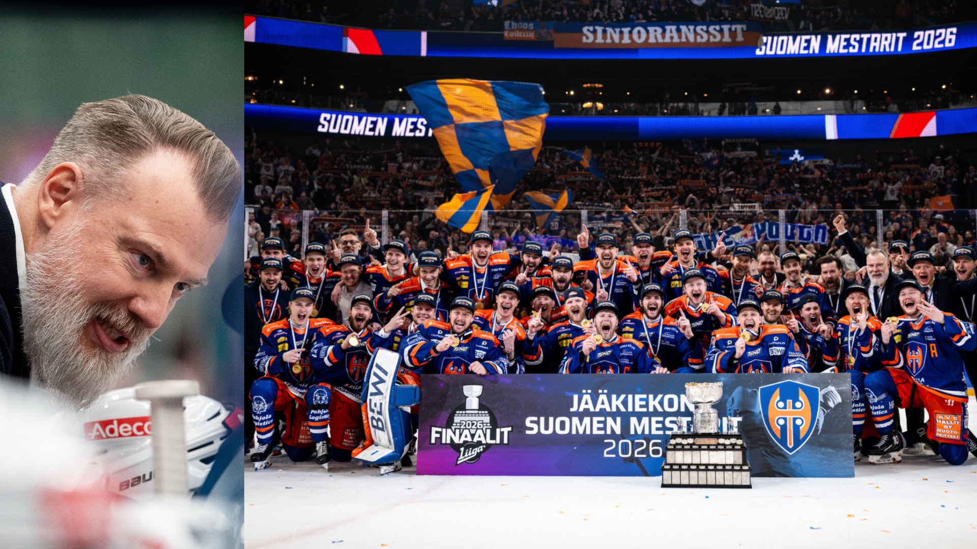 Kollage med porträtt av man med skägg till vänster och ishockeylag i blå och orange trikåer som poserar med pokal till höger. I bakgrunden syns arena med publik och banderoller från Suomen Mestrit 2026.