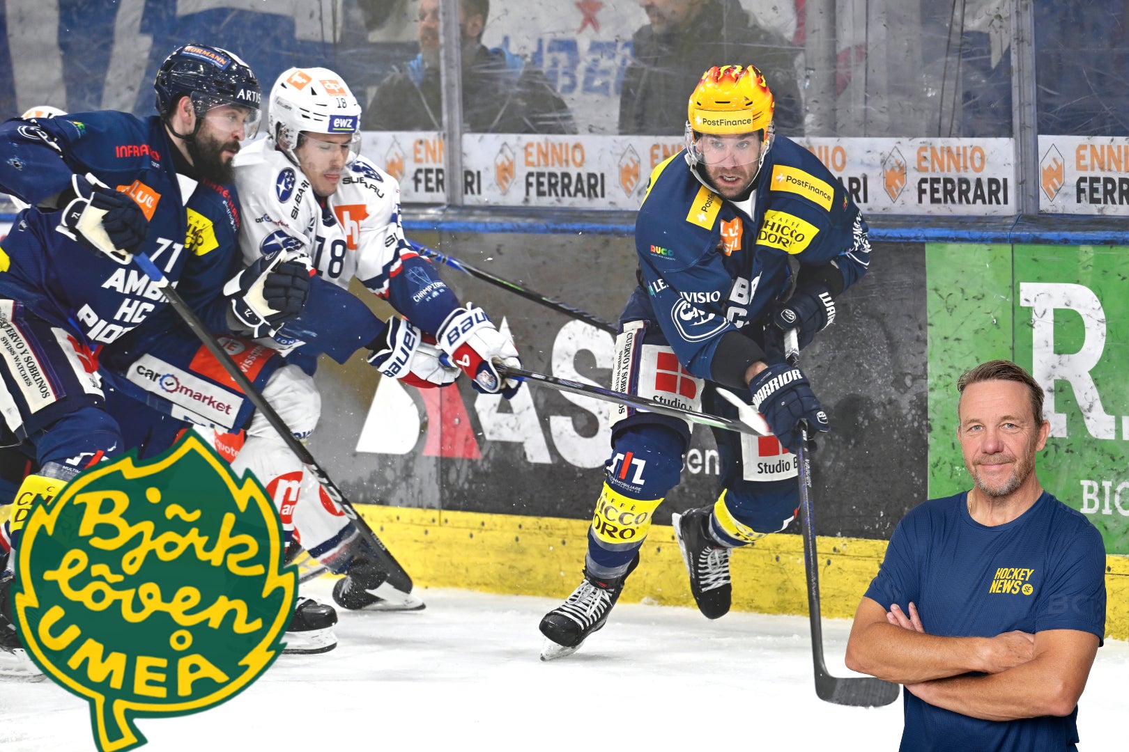 Ishockeymatch med spelare i mörkblå och vita tröjor som kämpar om pucken vid sargen. Björklöven-logotyp syns i nedre vänstra hörnet.