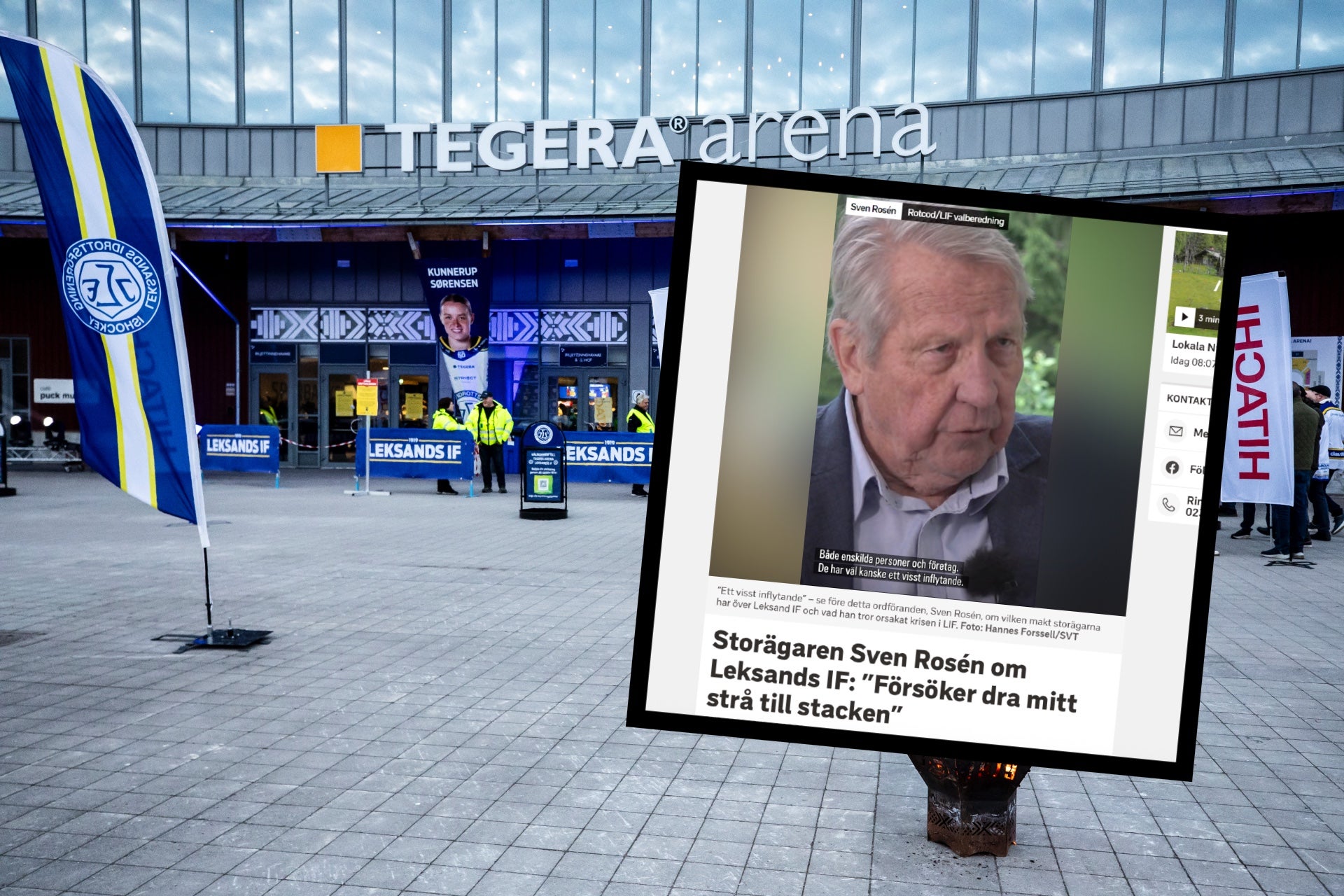 En utomhusinstallation vid TEGERA Arena med en stor skärm som visar ett porträtt och en intervjutext om Sven Rosén. En flagga med klubblogga står i förgrunden.