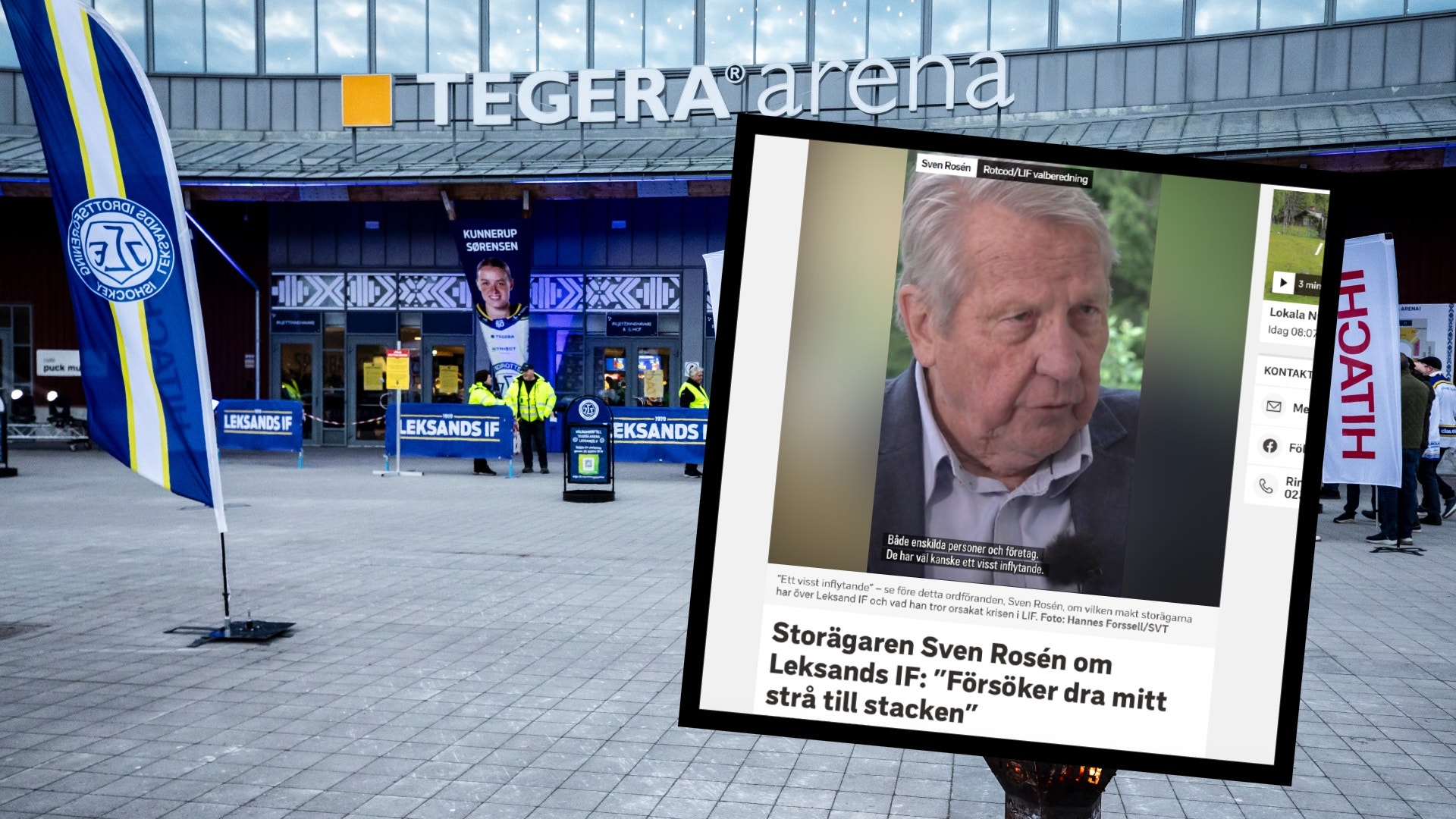 En utomhusinstallation vid TEGERA Arena med en stor skärm som visar ett porträtt och en intervjutext om Sven Rosén. En flagga med klubblogga står i förgrunden.