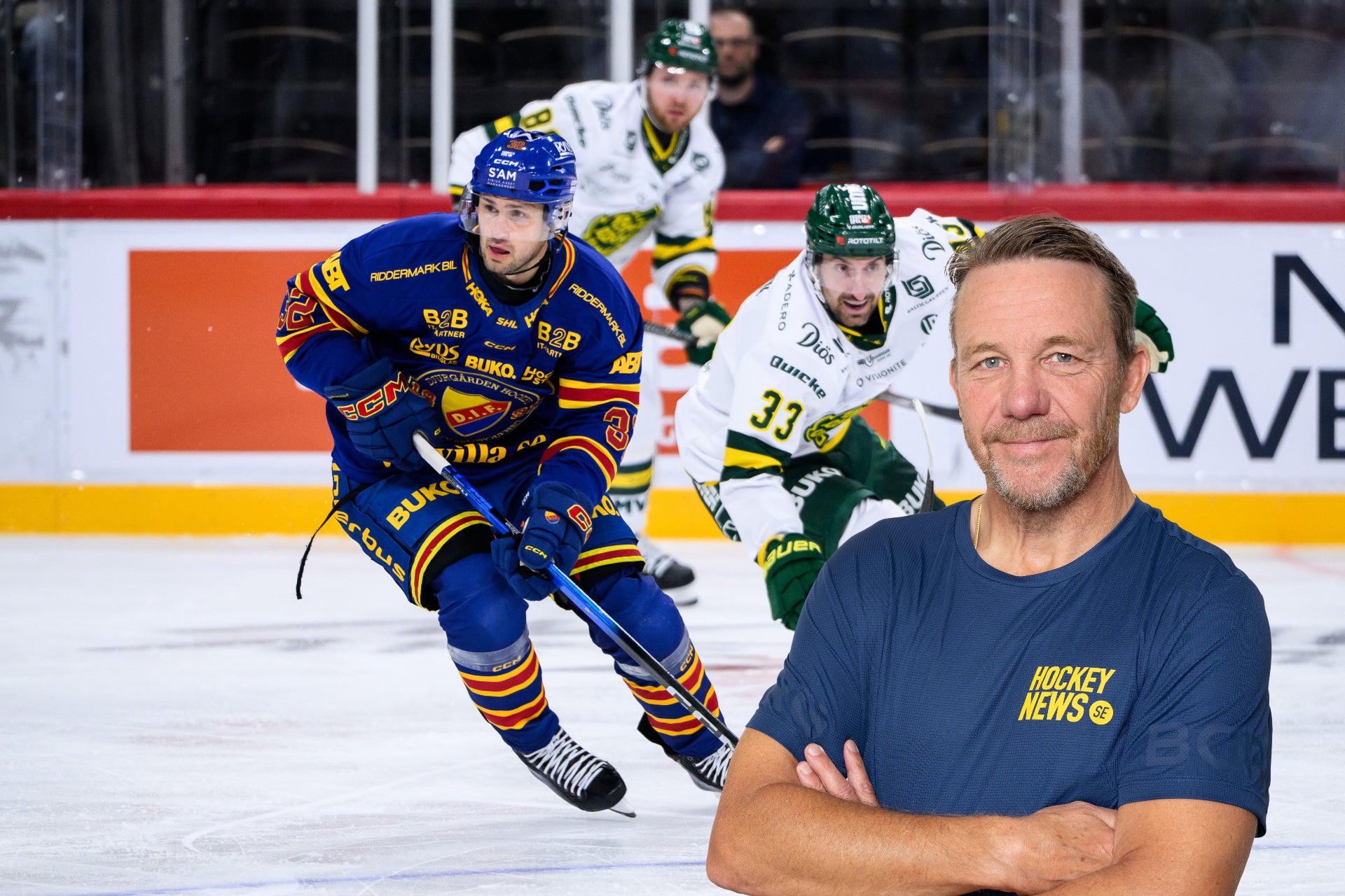 Ishockeyspelare i matchaktion på isen, med en man i Hockey News-tröja i förgrunden.