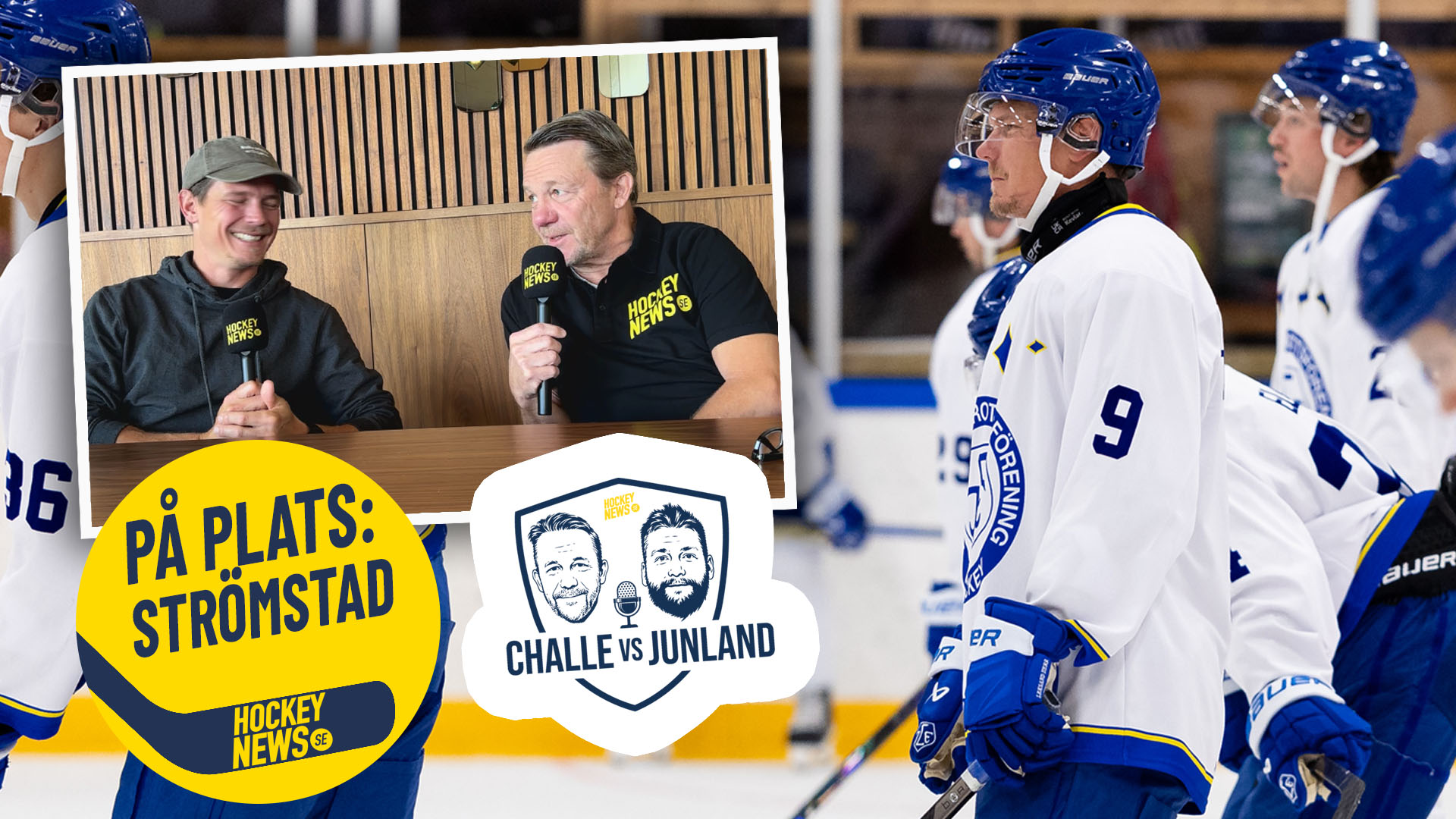 Sammansatt bild från en hockeymatch. Till vänster två män i intervju med mikrofoner framför en vägg med Hockey News-logotyp och texten "På plats: Strömstad". Till höger ishockeyspelare i vit och blå utrustning under en match.