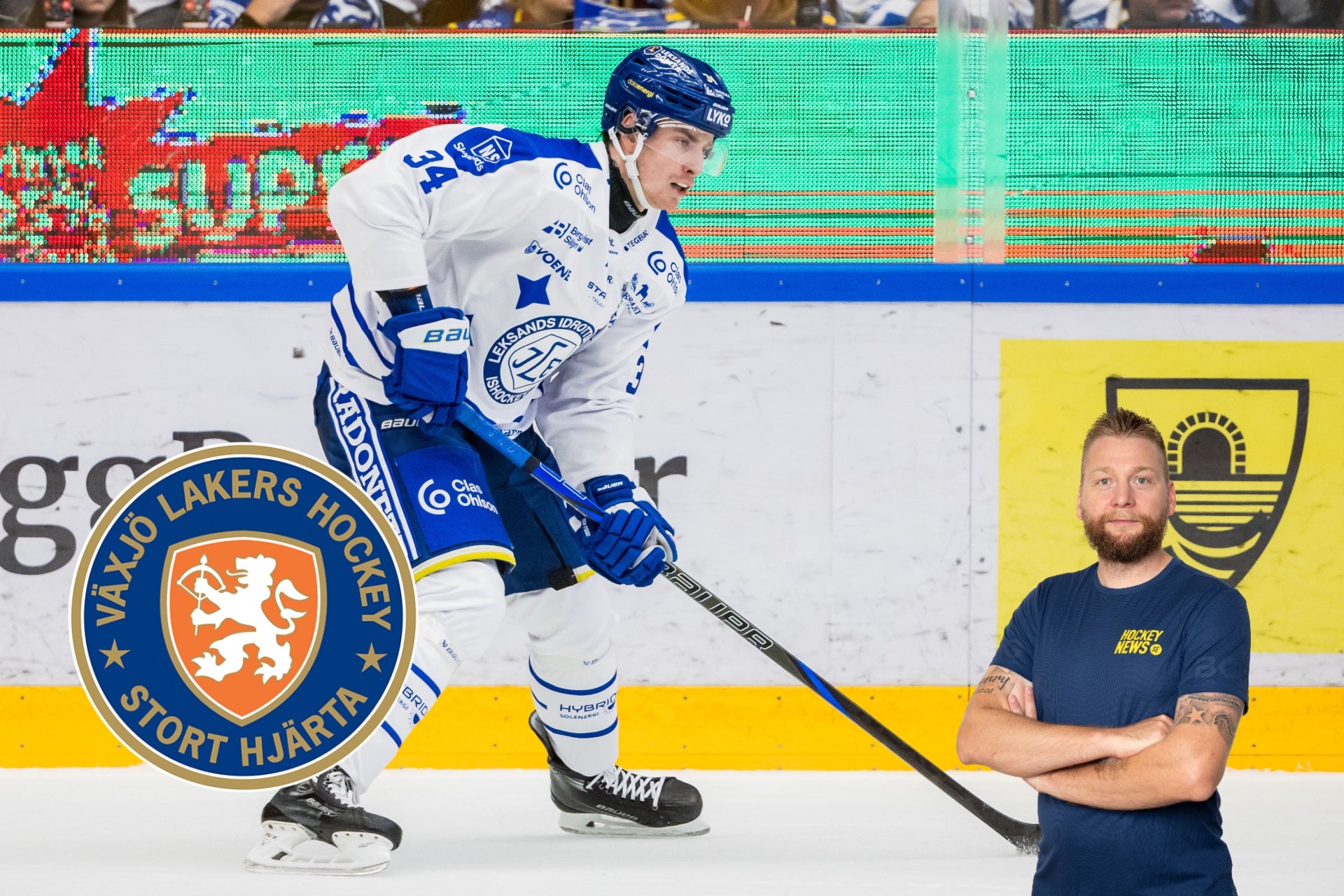 Ishockeyspelare i blå och vit träningsdräkt med hockeyklubb på isen tillsammans med en man i mörkblå skjorta.