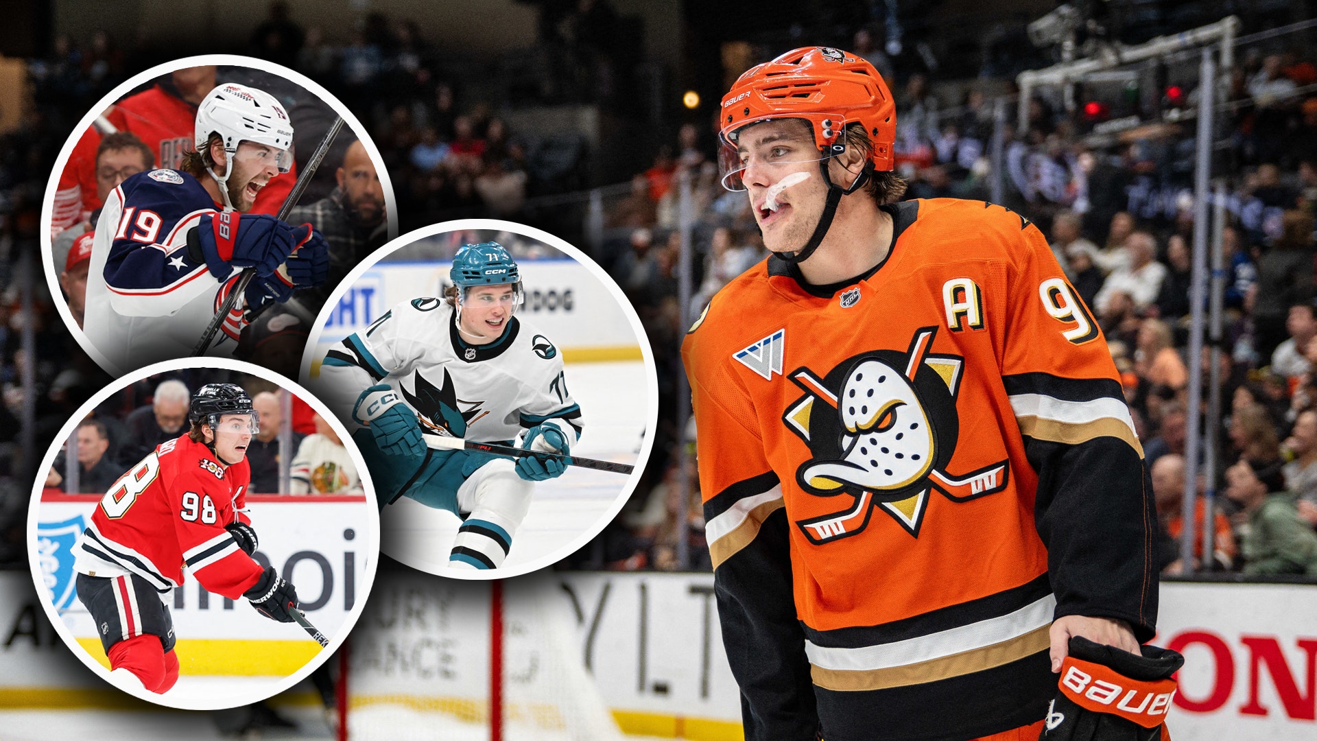 Kollage av hockeyspelare. Huvudbilden visar en spelare i orange Anaheim Ducks-tröja under en match. Tre mindre cirkulära bilder visar andra hockeyspelare i olika tröjor under spel.