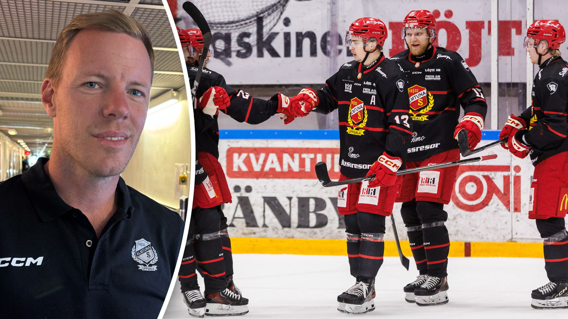 Sammansatt bild med porträtt av en man i CCM-tröja till vänster och ishockeyspelare i röd och svart utrustning under en match till höger.