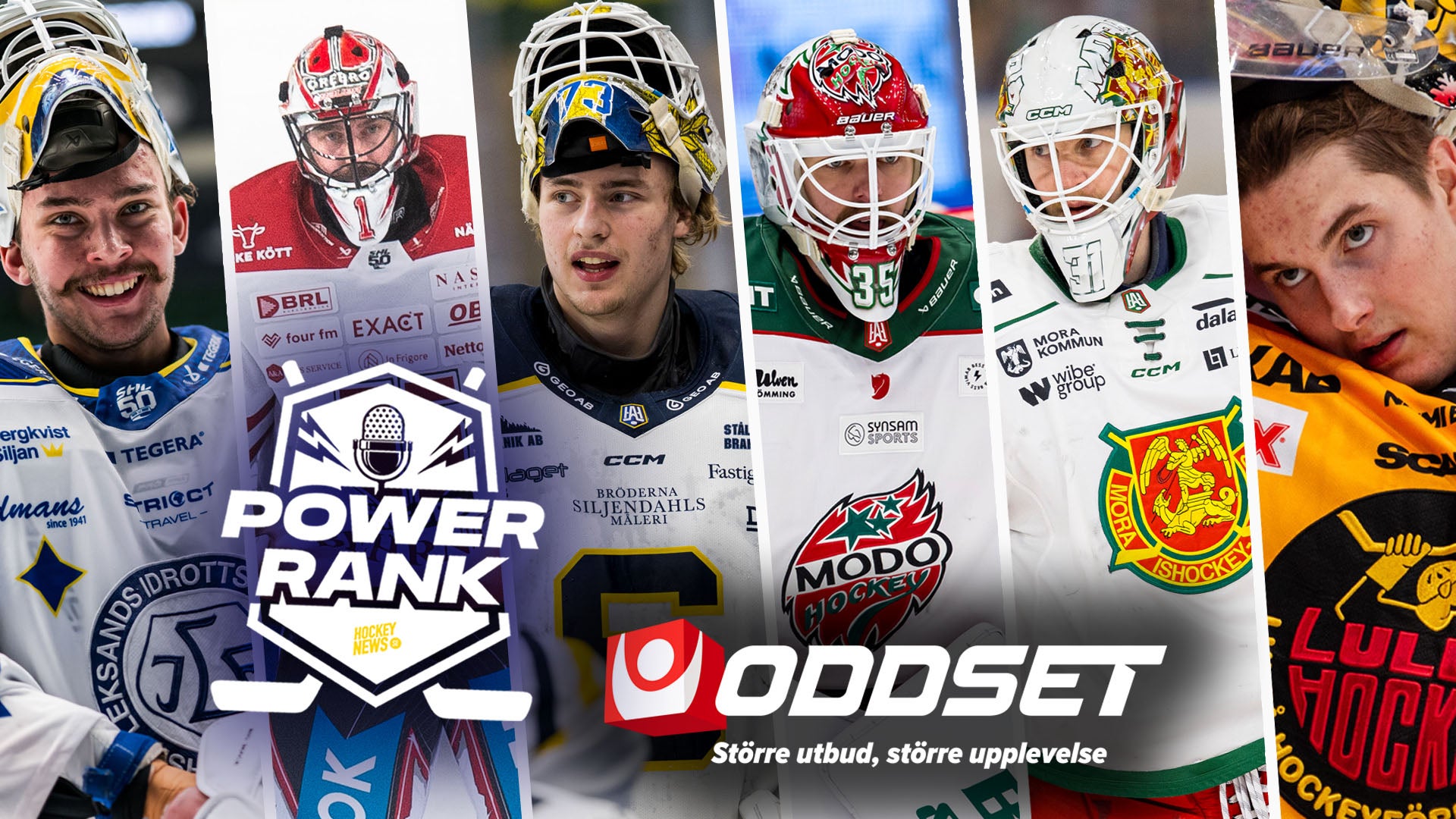 Collage med sex ishockeyspelare i målvaktsutrustning från olika svenska lag. Bilden visar POWER RANK och ODDSET logotyper med texten 'Större utbud, större upplevelse'.