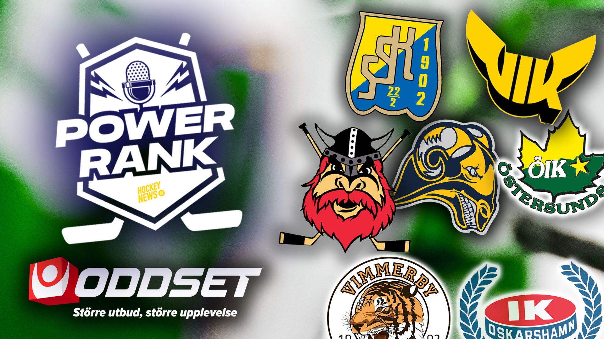 Kollage med logotyper från svenska ishockeylag och sponsorer, inklusive Power Rank, Oddset och flera SHL-lag.