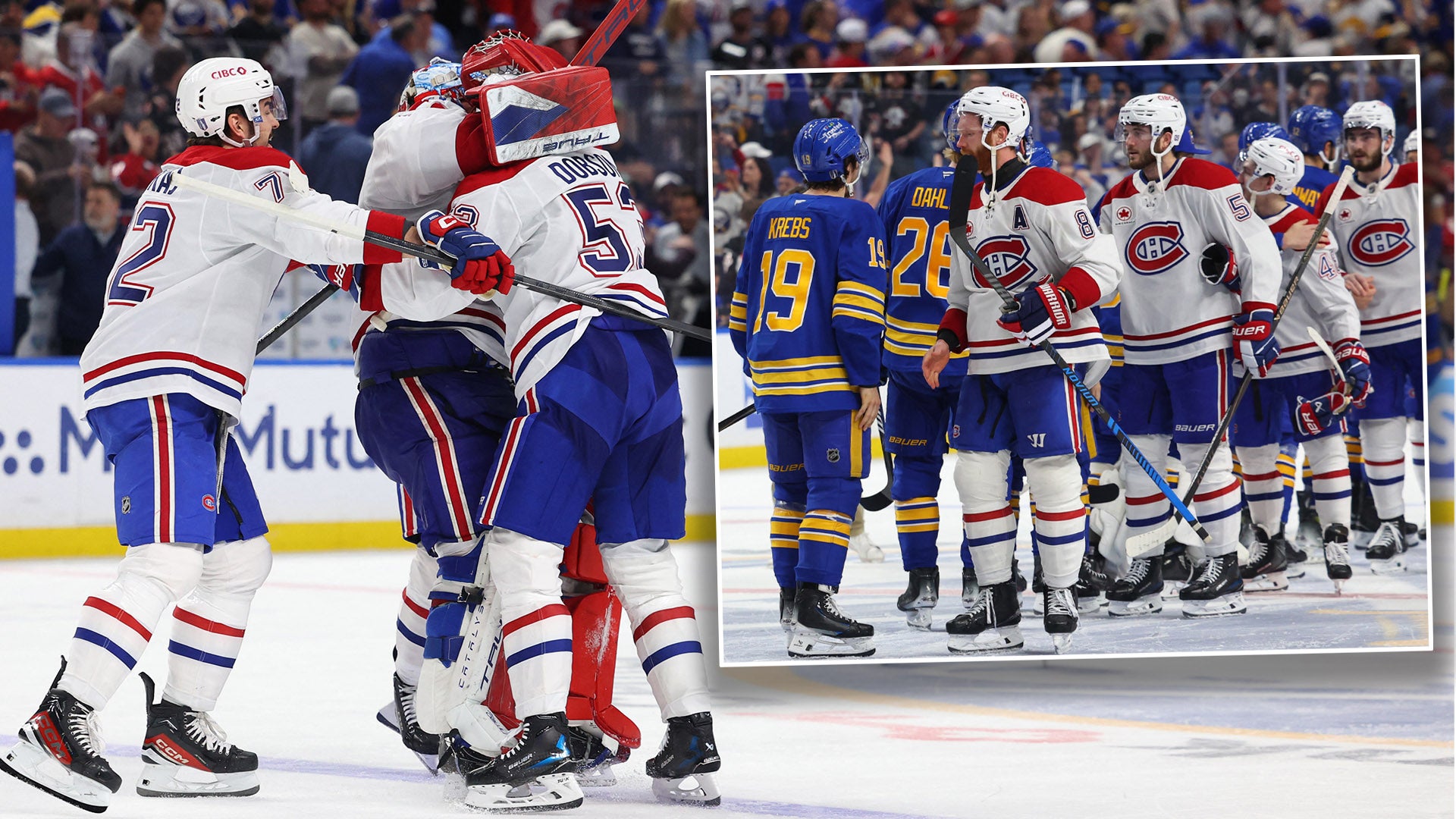 Ishockeymatch mellan Montreal Canadiens och Buffalo Sabres. Bilden visar spelare från båda lagen i aktion på isen under en NHL-match.