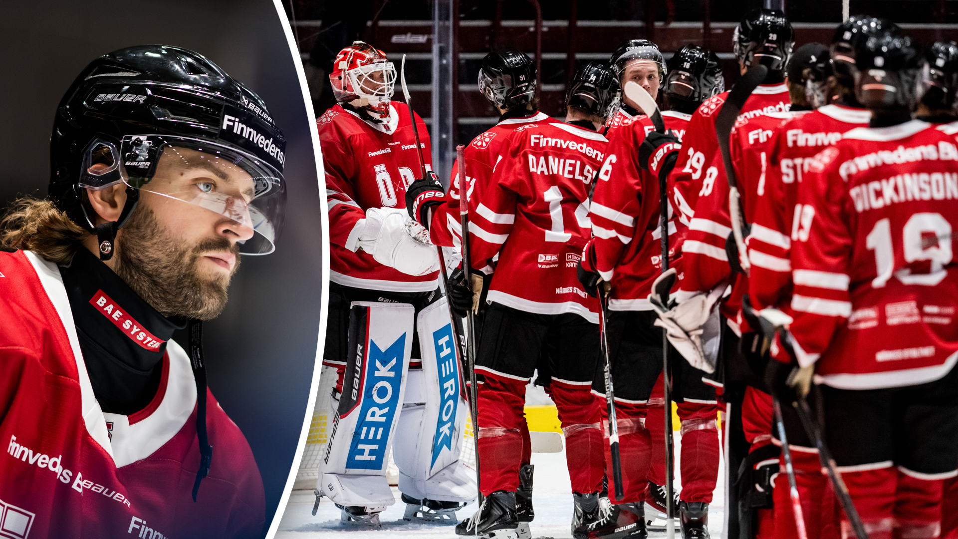 Ishockeyspelare i röd och vit tröja på vänster sida, och ett lag i röda tröjor som står tillsammans vid bänken på höger sida under en match.