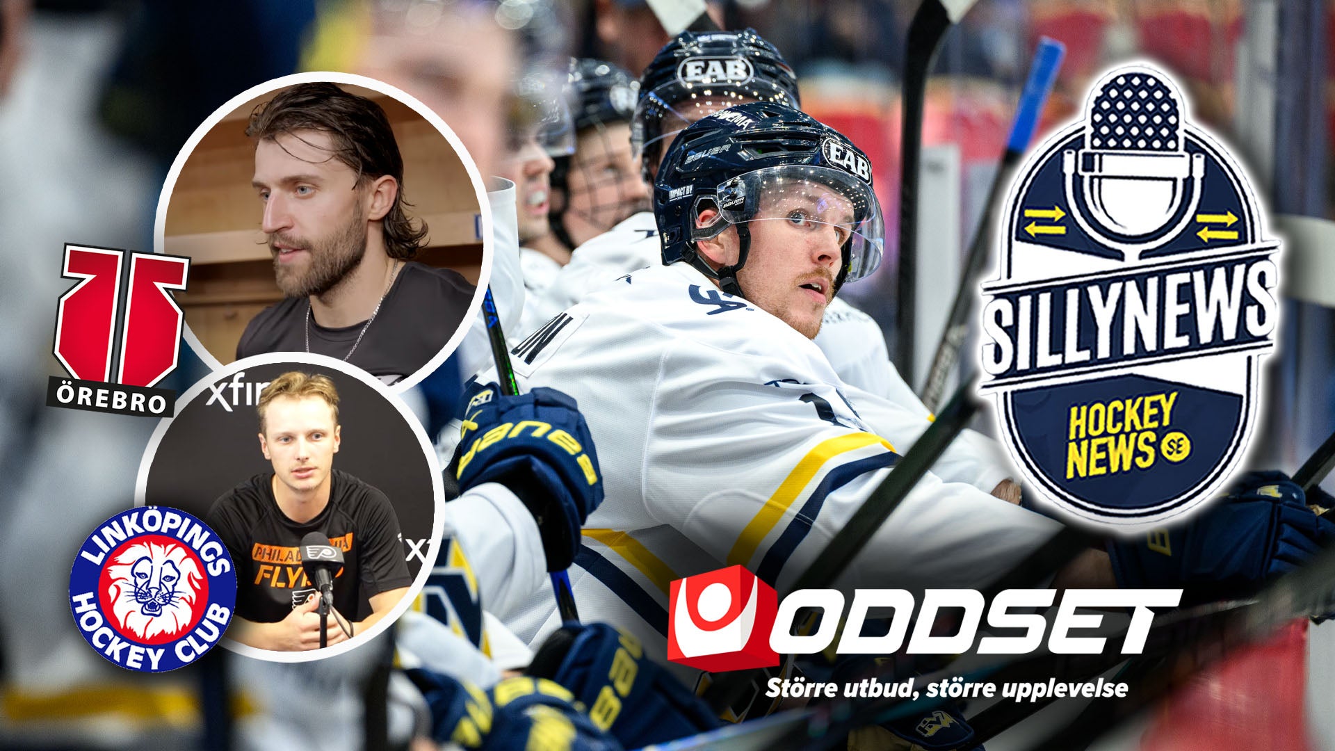 Ishockeyspelar i vit och blå uniform under match. Porträttbilder av två spelare till vänster, logotyper för Sillynews Hockey och Oddset till höger.