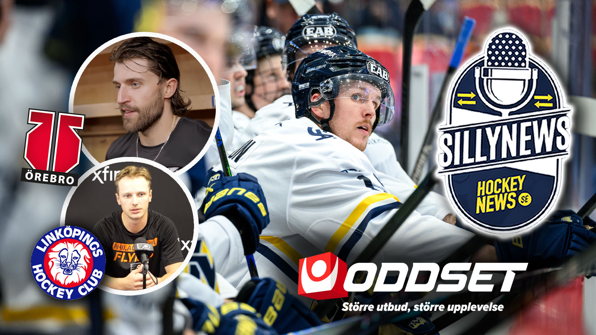 Ishockeyspelar i vit och blå uniform under match. Porträttbilder av två spelare till vänster, logotyper för Sillynews Hockey och Oddset till höger.