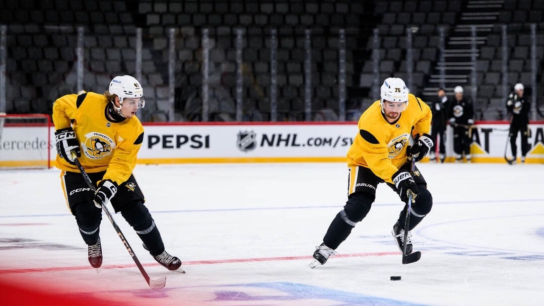 Två ishockeyspelare i gula och svarta tröjor spelar på isen under en NHL-match.