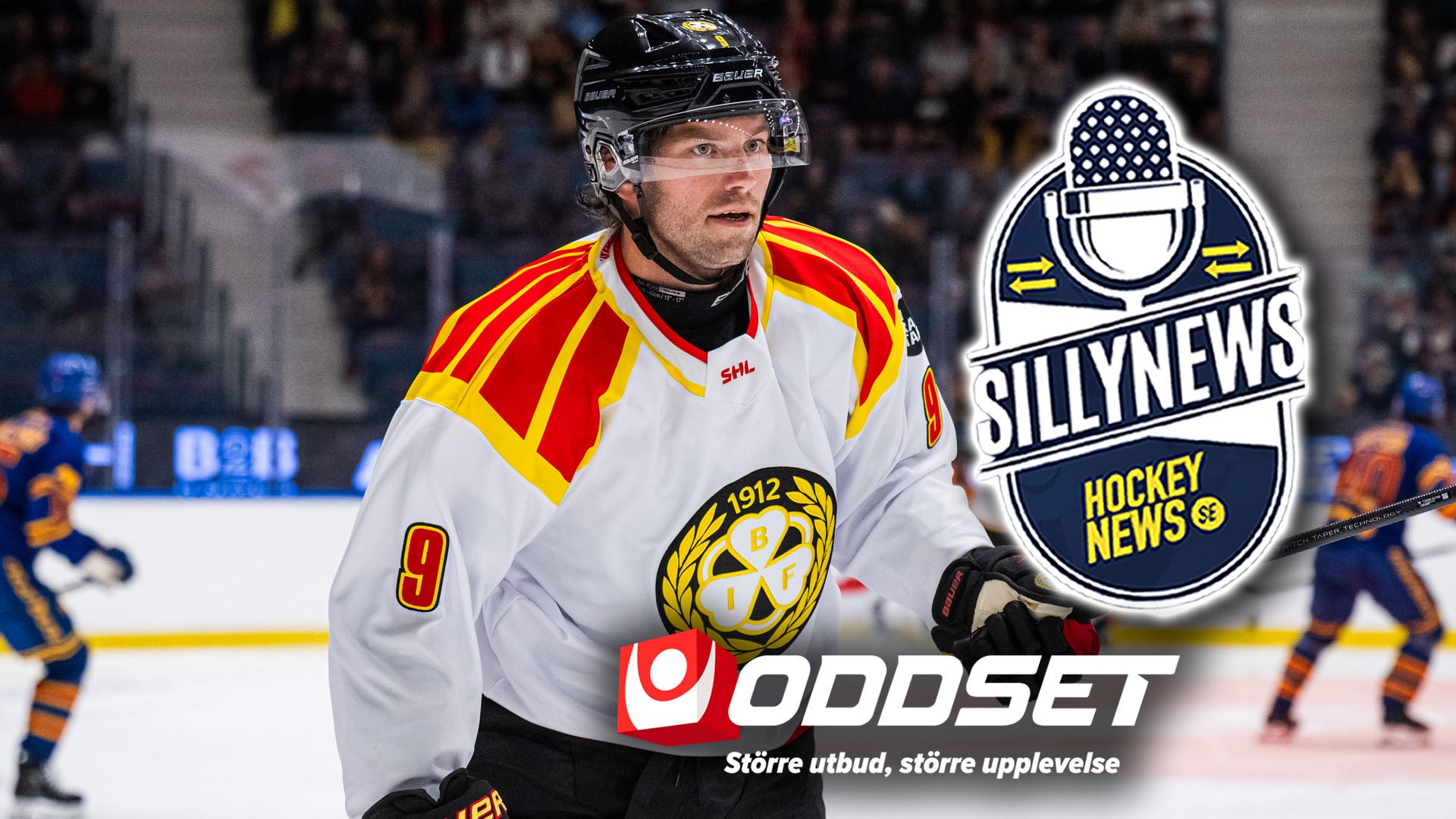 Hockeyspelare i vit och röd/gul tröja med nummer 9 under en match. Bilden innehåller logotyper för Silly News Hockey News och Oddset.
