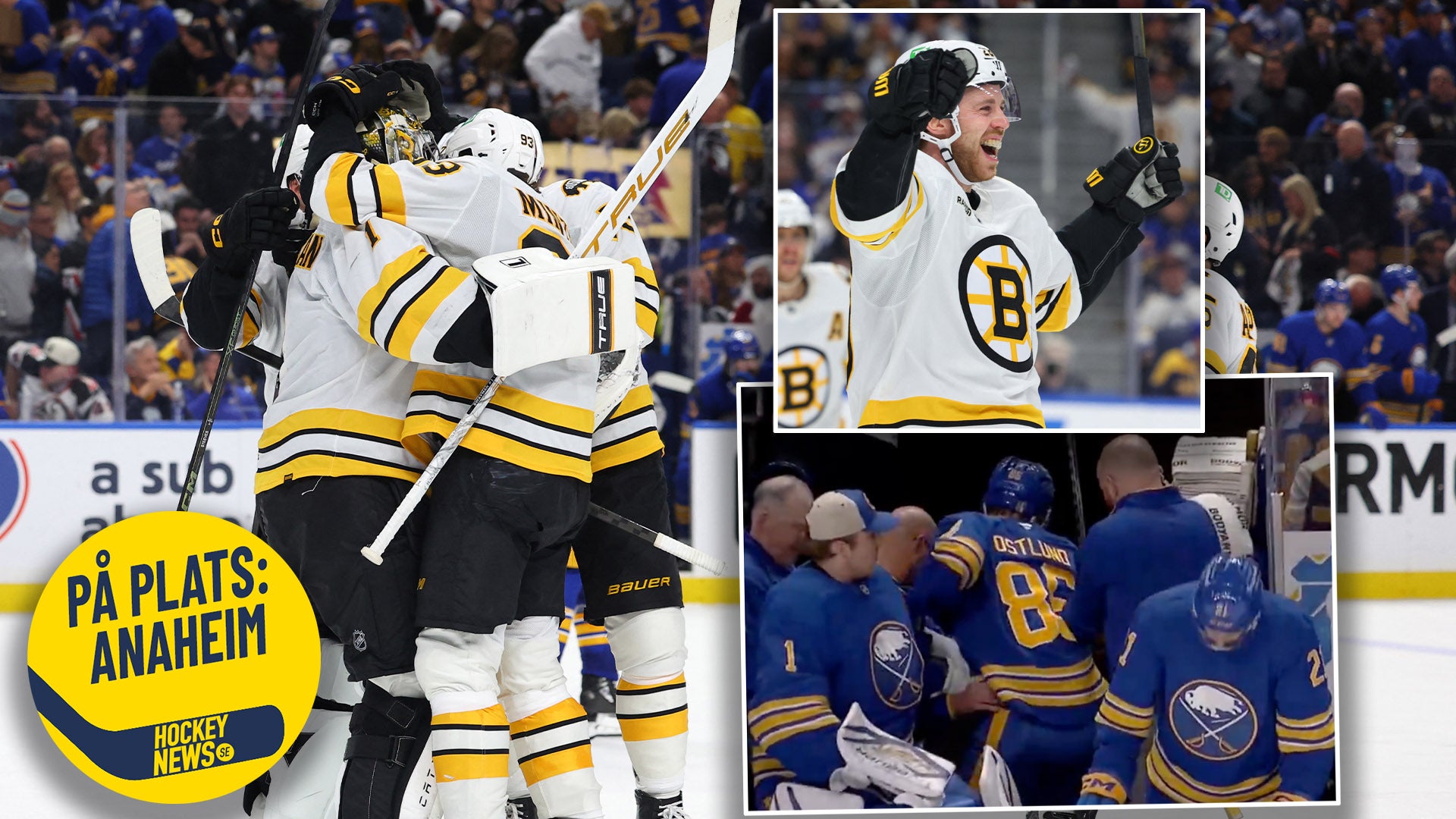 Ishockeyspelare från Boston Bruins firar tillsammans under en match. Collage med flera bilder som visar lagkamrater som omfamnar varandra och jublar. Foto: Bildbyrån