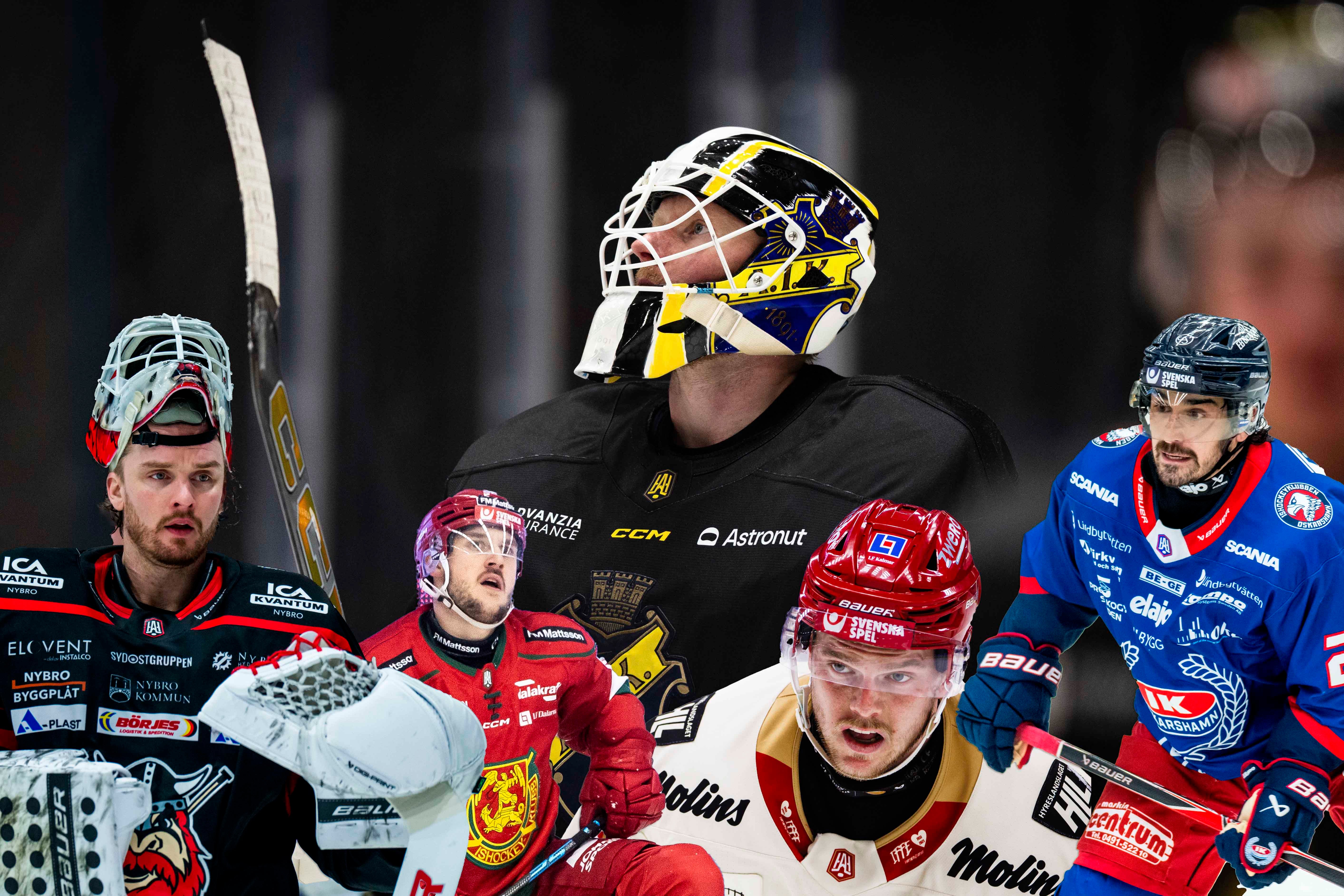 Ishockeyspelare från ett lag poserade tillsammans för lagfoto. Spelarna bär trikåer i röd, blå och svart, och en målvakt med stor svart och gul hjälm står i centrum.
