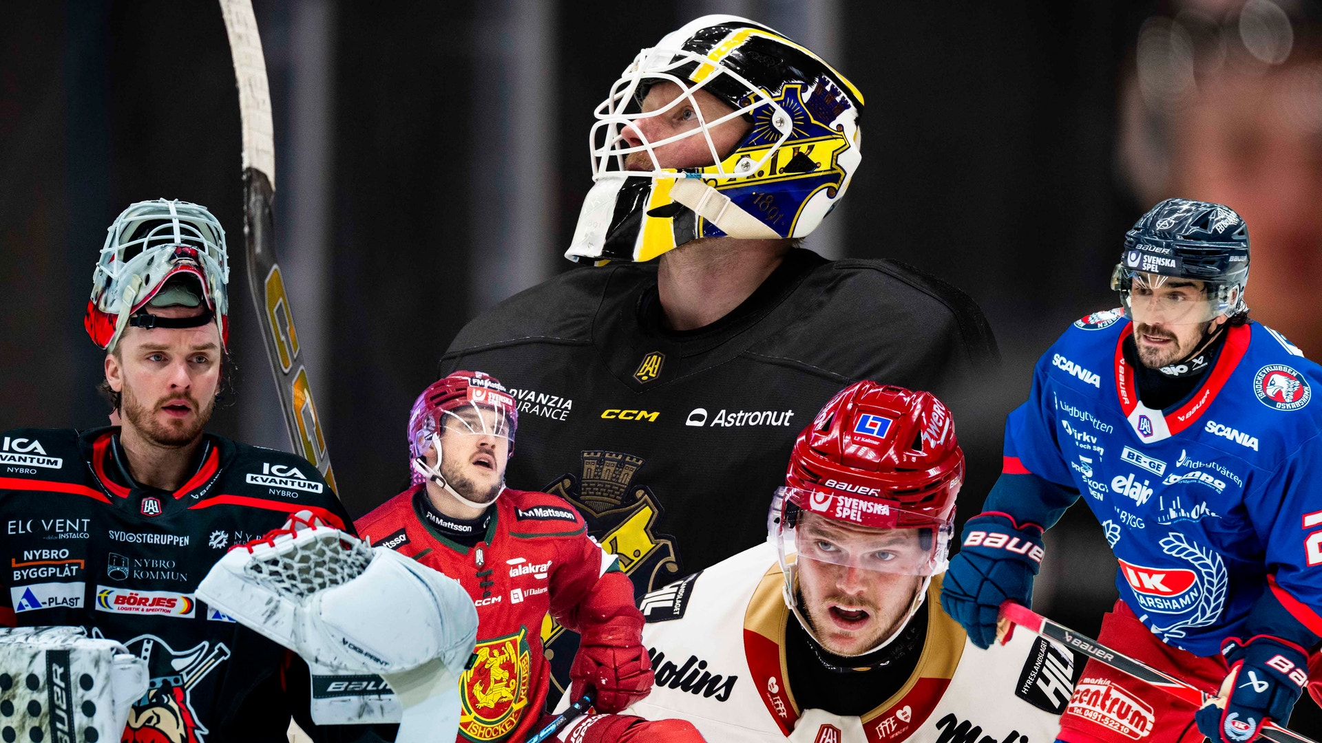 Ishockeyspelare från ett lag poserade tillsammans för lagfoto. Spelarna bär trikåer i röd, blå och svart, och en målvakt med stor svart och gul hjälm står i centrum.