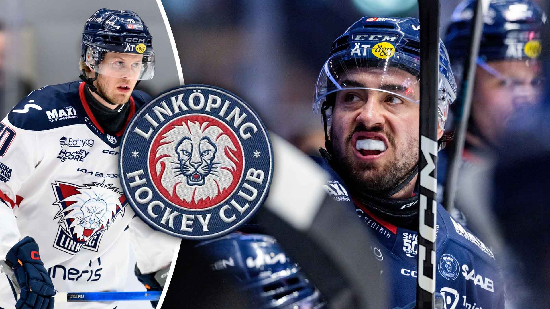 Ishockeyspelare från Linköping Hockey Club tillsammans med klubbens logga som visar ett lejonhuvud.