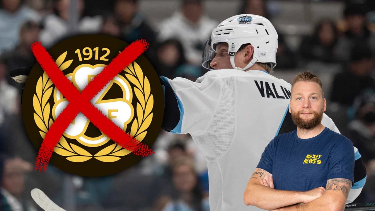 Sammansatt bild med ishockeyspelare i vit tröja och en man i mörkblå tröja med klubblogga i bakgrunden.