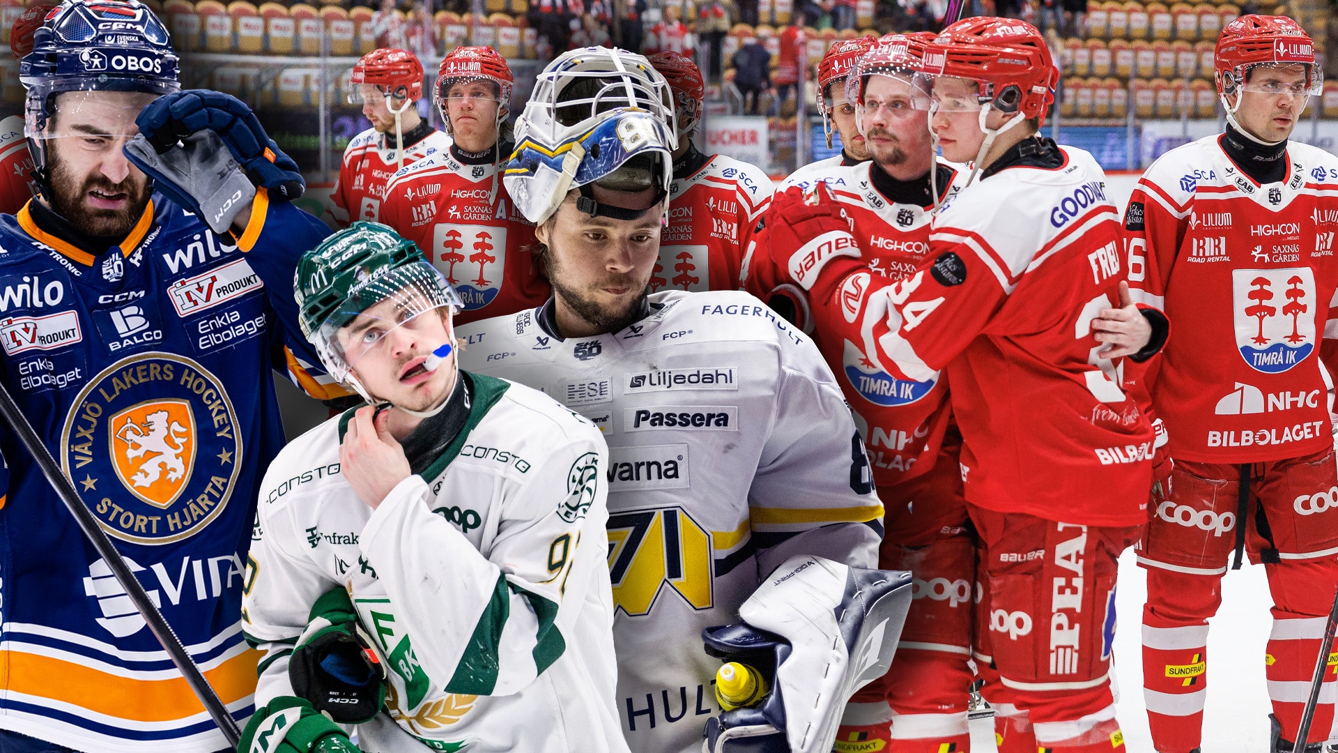 Ishockeyspelare från olika lag i sina uniformer under en match eller event. Spelarna bär röda, vita och blå tröjor med olika lagemblem och sponsorlogotyper.