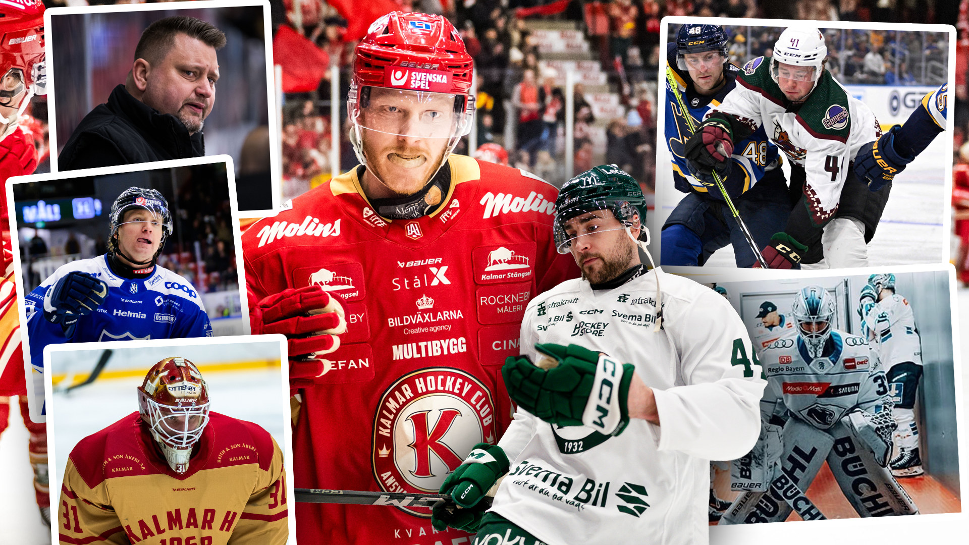 Collage med flera hockeyspelare i röda, blå och vita trikåer. Bilden visar porträtt av spelare och lagbilder från ishockeymatcher.
