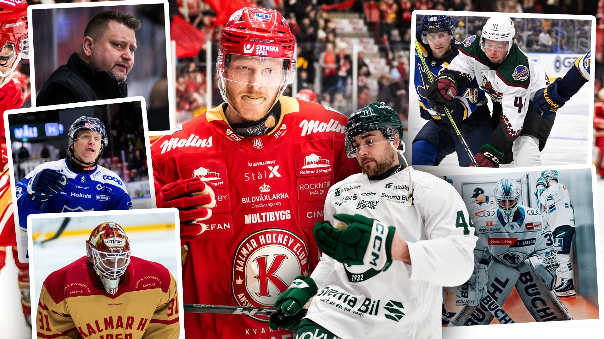 Collage med flera hockeyspelare i röda, blå och vita trikåer. Bilden visar porträtt av spelare och lagbilder från ishockeymatcher.