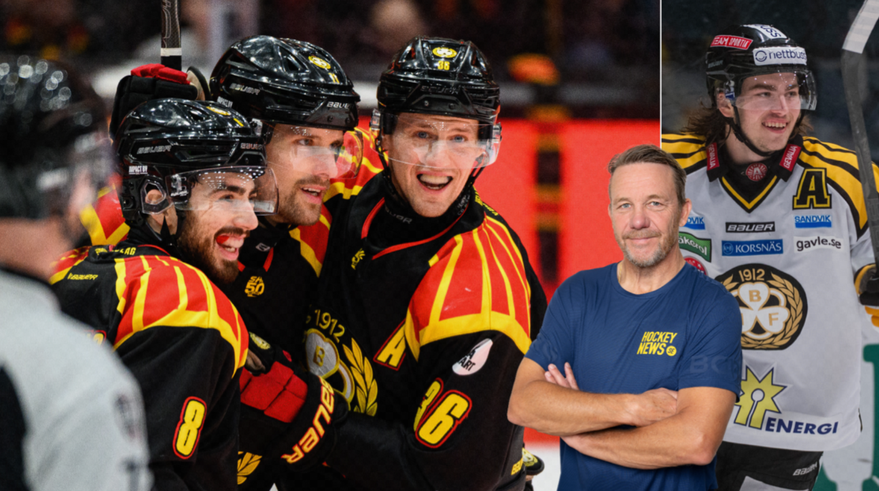 Gruppfoto från en ishockeymatch med flera spelare i svarta och röd-gula uniformer tillsammans med en man i blå tröja.