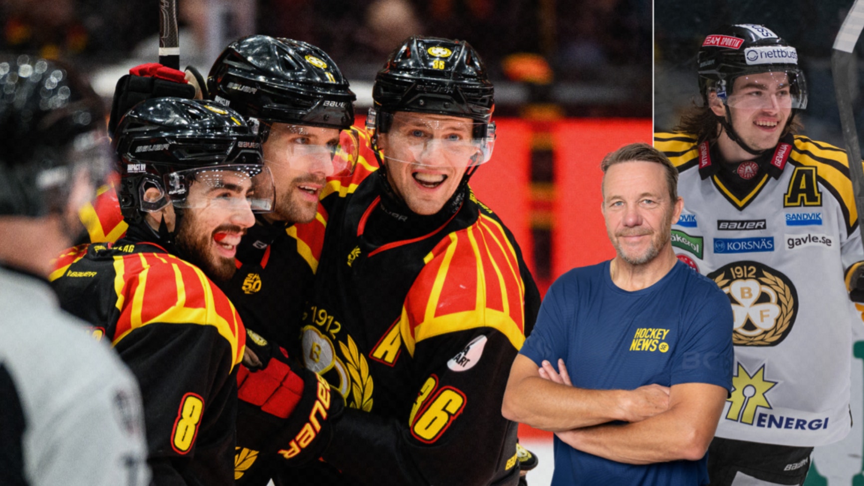 Gruppfoto från en ishockeymatch med flera spelare i svarta och röd-gula uniformer tillsammans med en man i blå tröja.