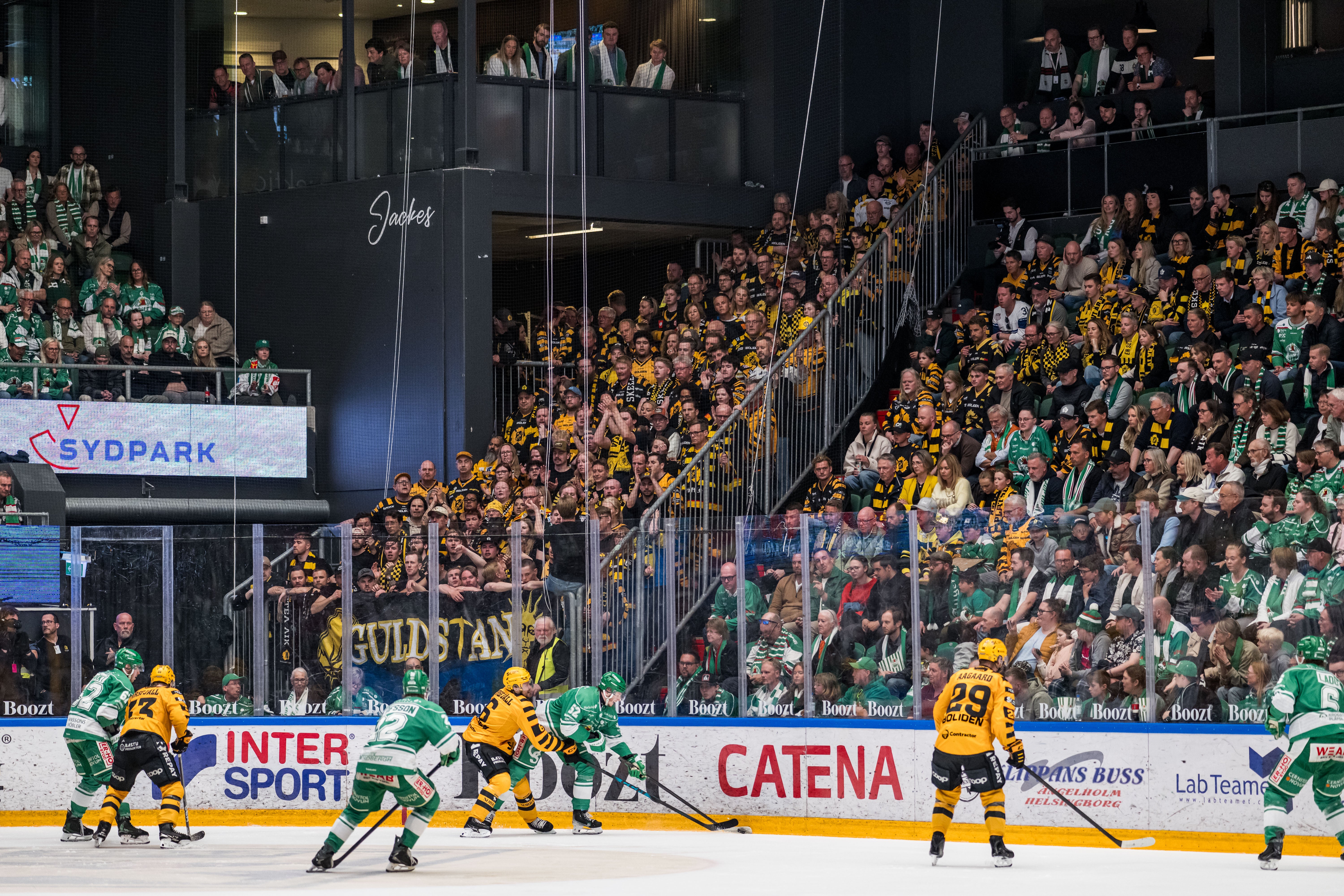 Ishockeymatch i en arena med spelare i gula och gröna trikåer på isen. Fullsatta läktare med supportrar i bakgrunden.