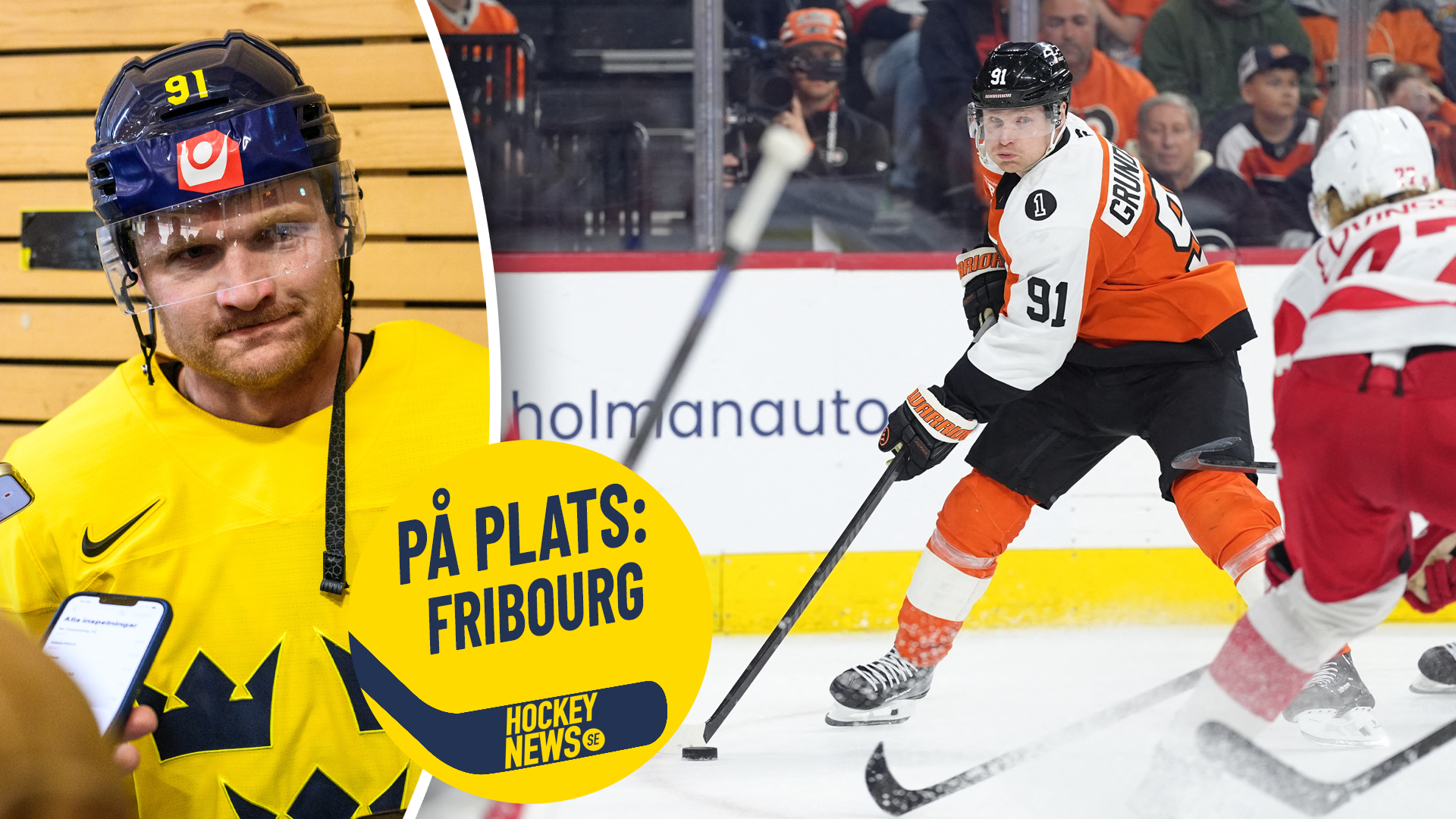 Kollage av ishockeyspelare nummer 91 - porträttbild i gul landslagströja och matchbild i orange klubbtröja på isen.