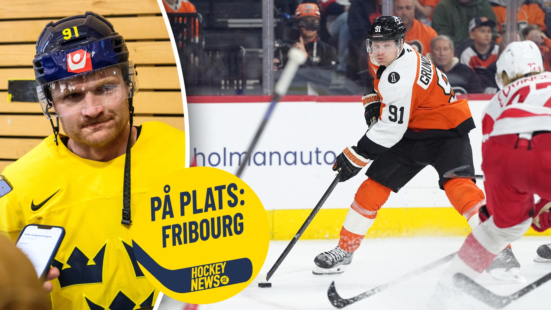 Kollage av ishockeyspelare nummer 91 - porträttbild i gul landslagströja och matchbild i orange klubbtröja på isen.