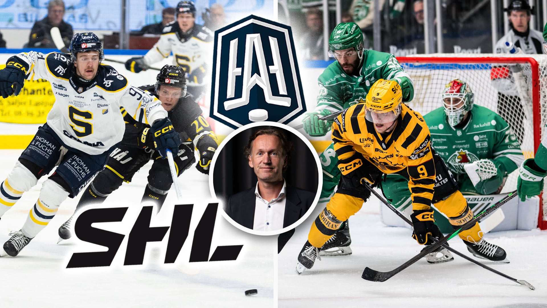Collage från svensk ishockey (SHL) med spelare i match och porträttbild av man i mitten