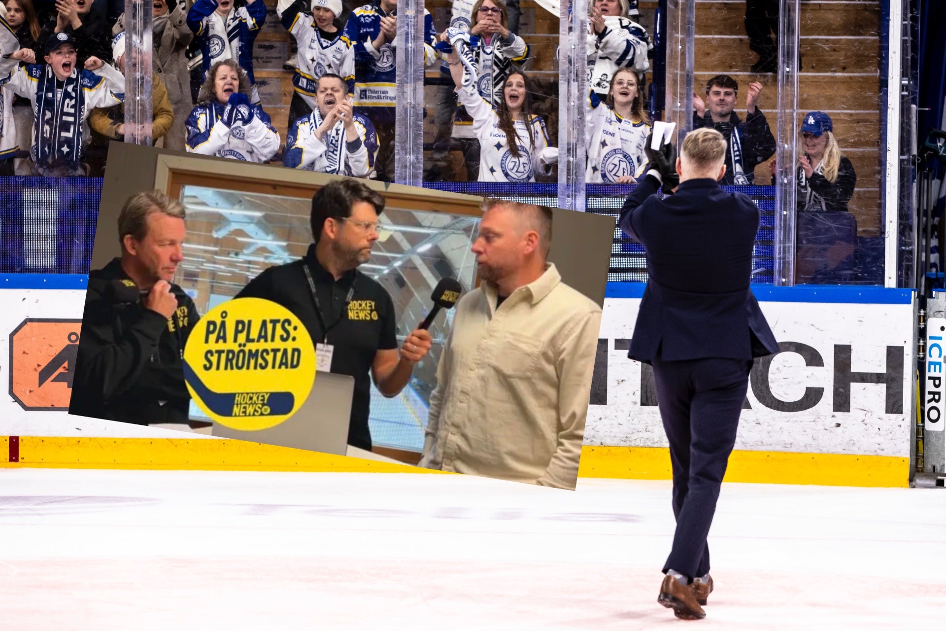 En hockeymatch där en spelare på isen möter reportrar vid borden. Åskådare syns i läktaren i bakgrunden.