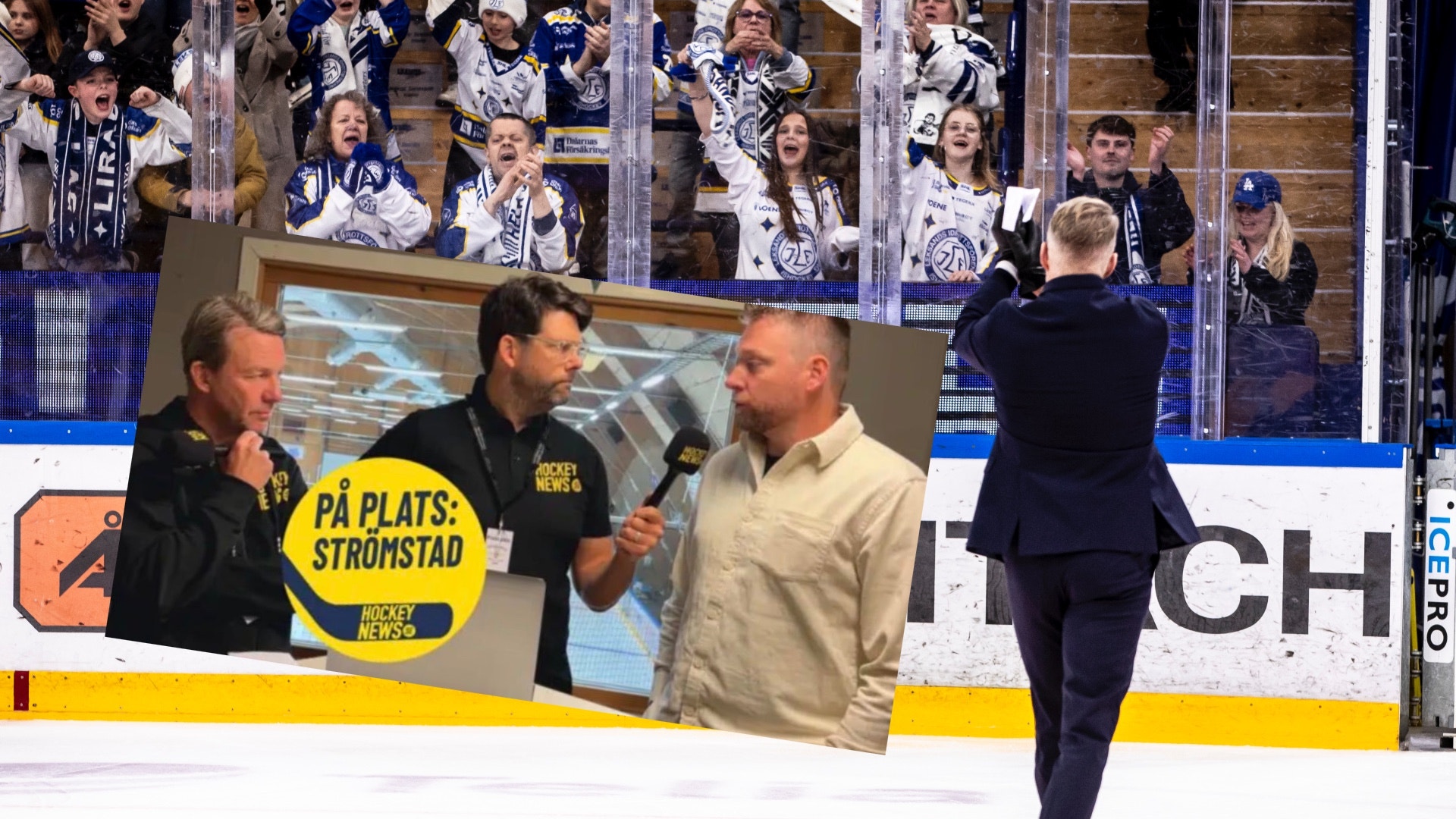 En hockeymatch där en spelare på isen möter reportrar vid borden. Åskådare syns i läktaren i bakgrunden.