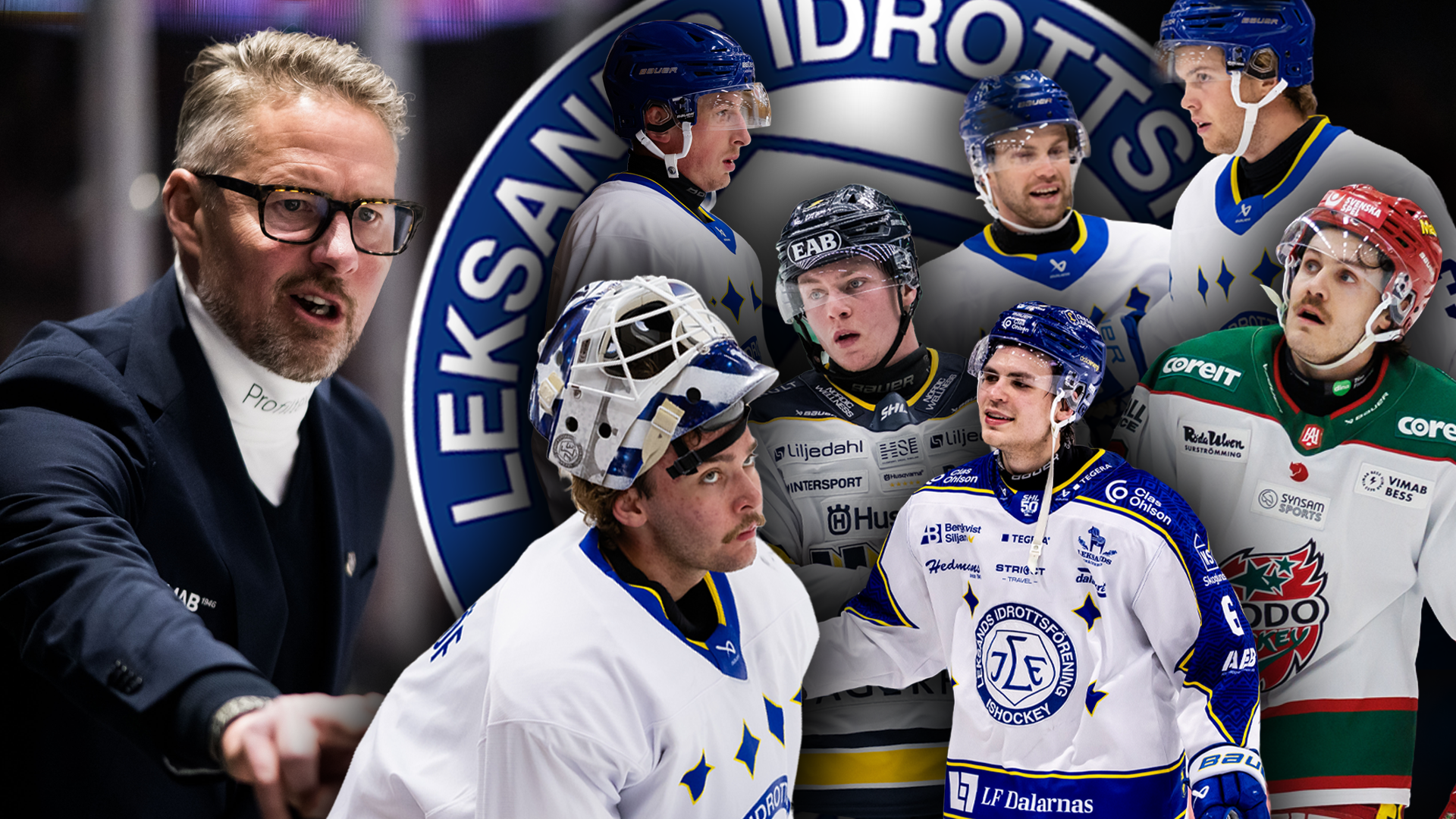 Kollage med en man i mörk kostym och glasögon på vänster sida, och flera ishockeyspelare i olika lag-uniformer på höger sida. Leksands IF:s logotyp syns i bakgrunden.