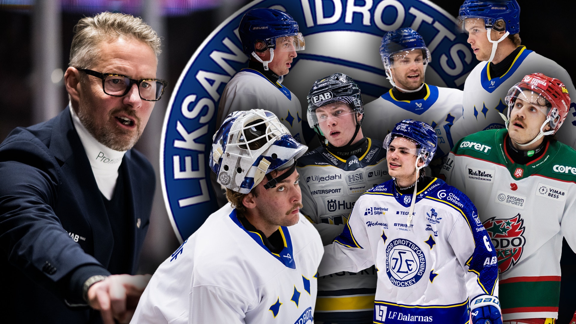 Kollage med en man i mörk kostym och glasögon på vänster sida, och flera ishockeyspelare i olika lag-uniformer på höger sida. Leksands IF:s logotyp syns i bakgrunden.