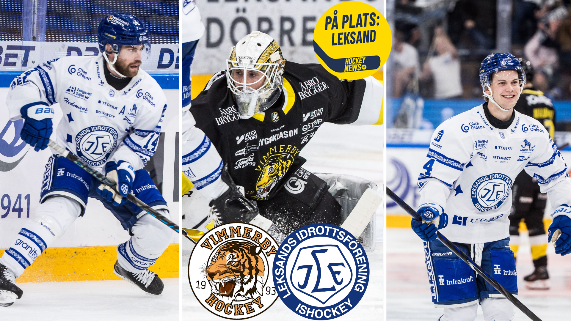 Collage med tre ishockeyspelare: två Leksand-spelare i vita matchtröjor och en målvakt i svart Vimmerby-utrustning. Längst ned syns klubbmärkena för Vimmerby Hockey och Leksands IF.