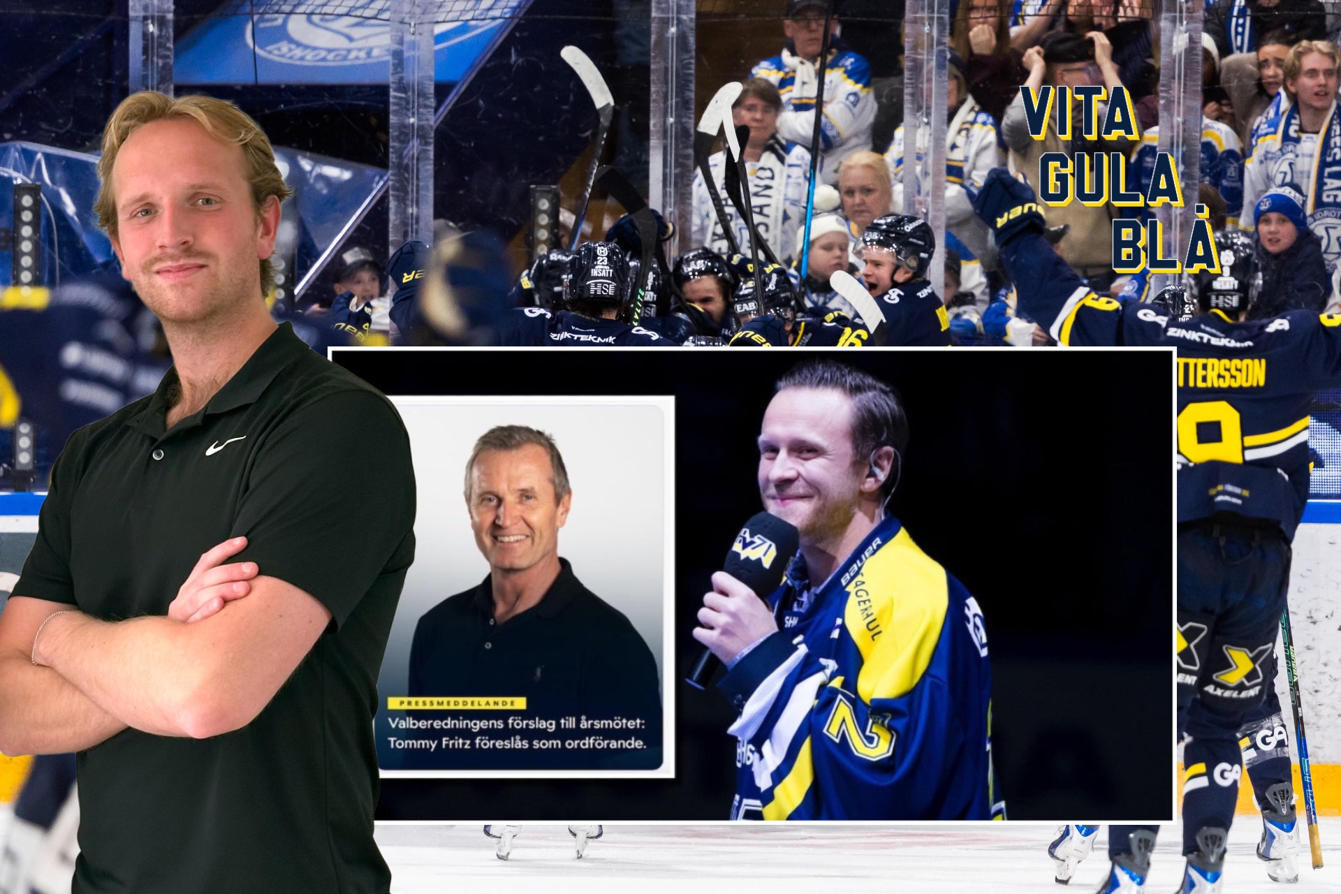 Collage med tre män relaterade till ishockey. Till vänster en man i mörkgrön skjorta, i mitten ett porträtt av en äldre man, och till höger en man i gul och blå ishockeydräkt med mikrofon. I bakgrunden syns en ishockeystadion med publik.