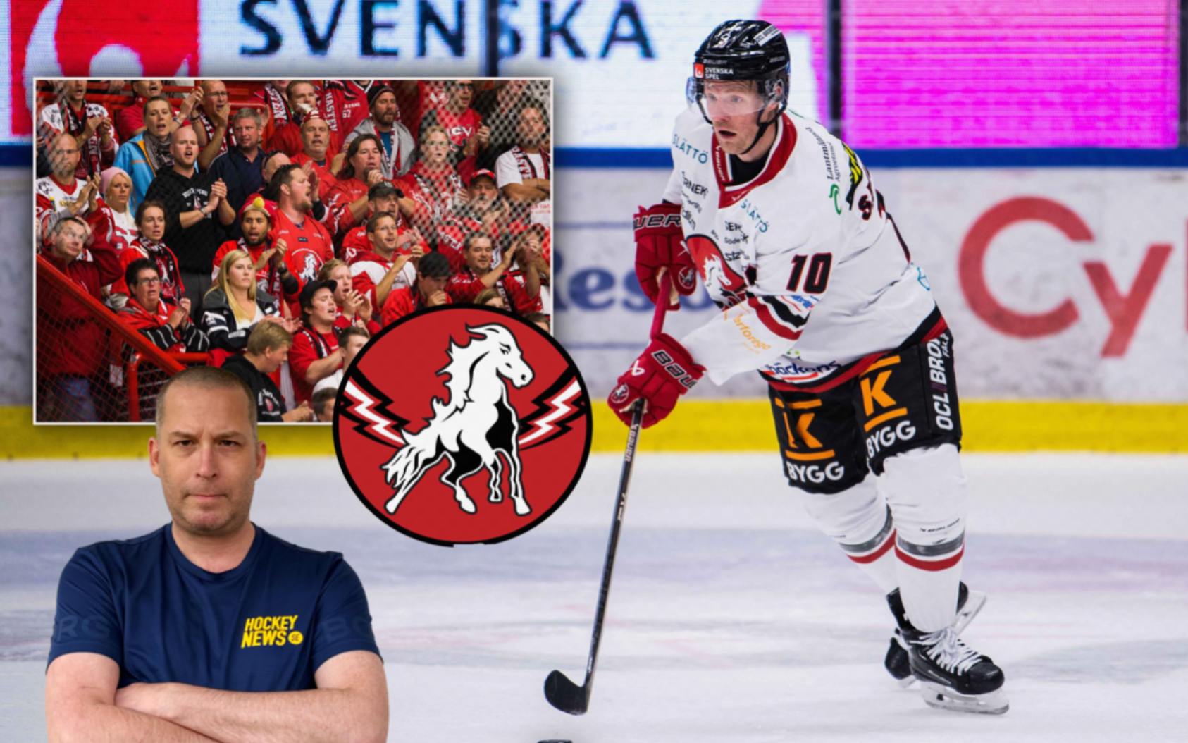 Sammansatt bild från en ishockeymatch. Visar en spelare i vit tröja med nummer 10 på isen med en hockeyklubb, en man i mörkblå tröja i förgrunden, en laglogo med en häst på röd bakgrund, och en publik i bakgrunden.