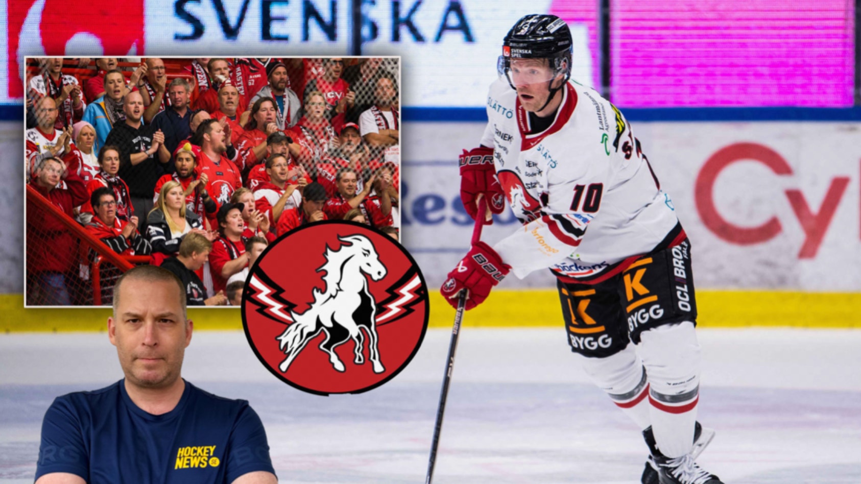 Sammansatt bild från en ishockeymatch. Visar en spelare i vit tröja med nummer 10 på isen med en hockeyklubb, en man i mörkblå tröja i förgrunden, en laglogo med en häst på röd bakgrund, och en publik i bakgrunden.