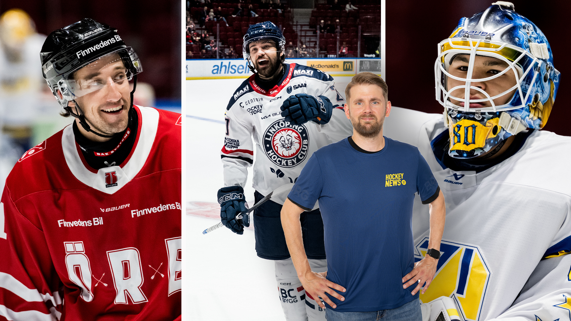 Collage med ishockeyspelare och målvakt från olika lag och situationer.
