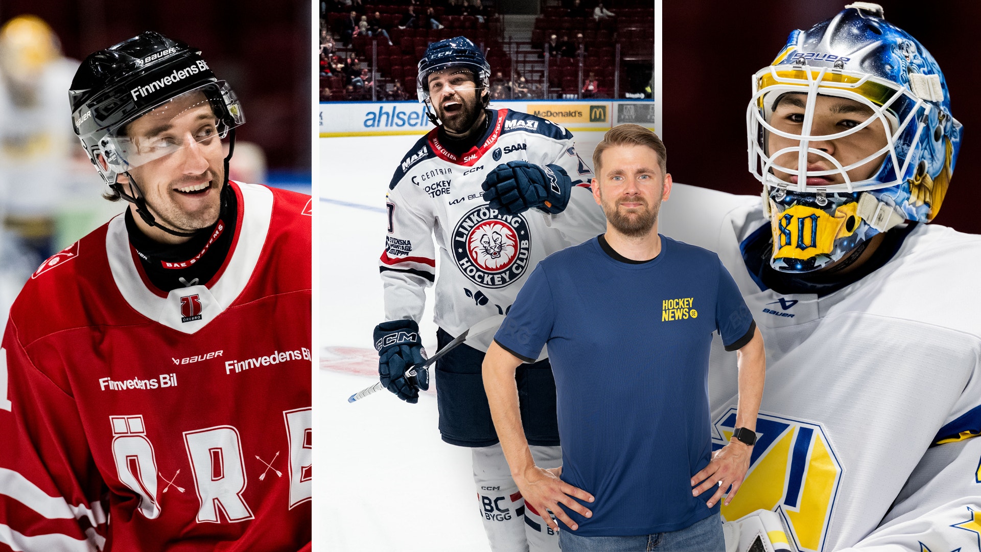 Collage med ishockeyspelare och målvakt från olika lag och situationer.