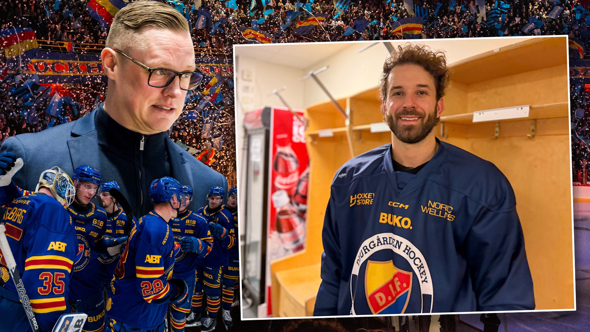 Bildkollage med en man i kostym vid ishockeyrinken tillsammans med spelare, och en infälld bild av en leende man i Djurgården Hockeys matchtröja i ett omklädningsrum.