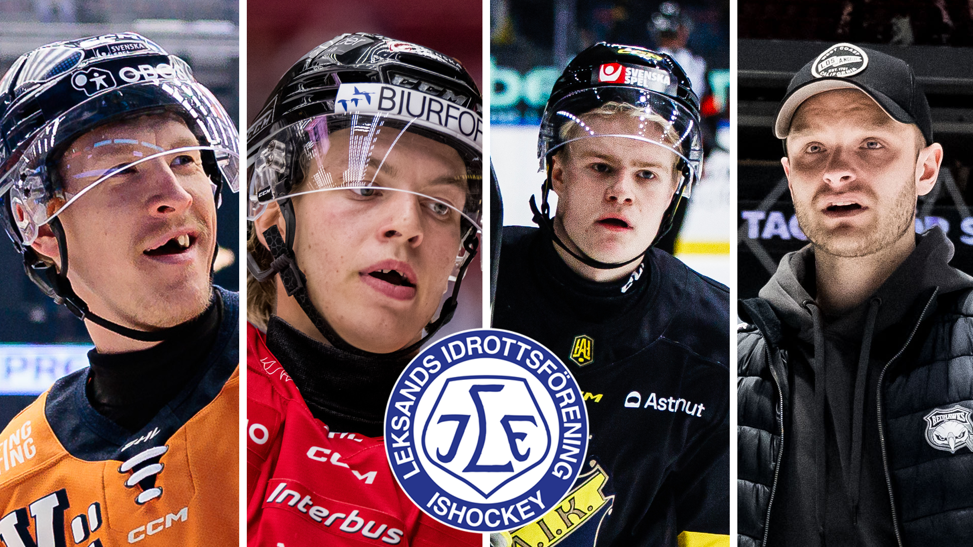 Kollage med fyra porträttfoton av ishockeyspelare i olika lagtröjor och med hockeyutrustning.